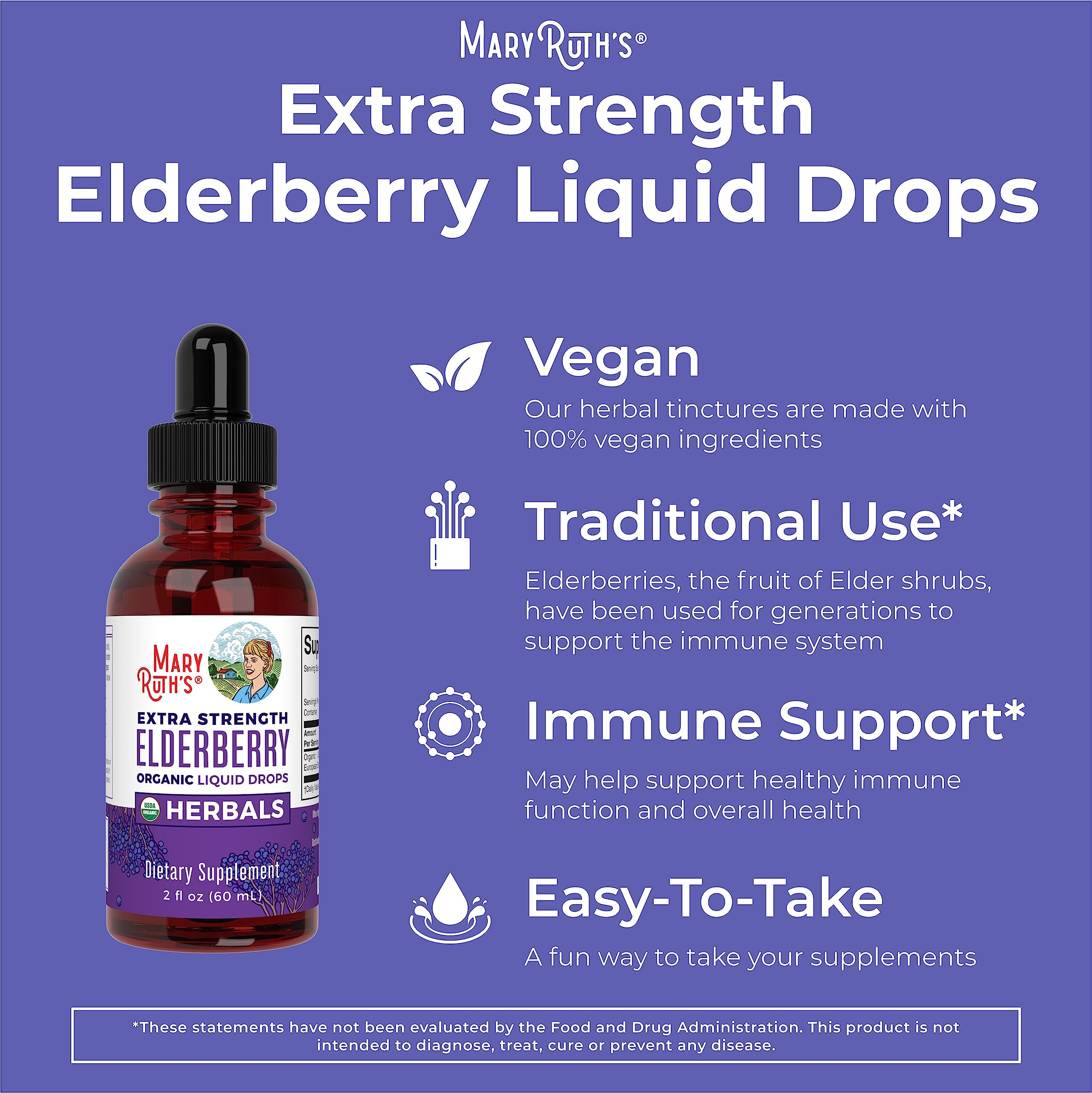 MaryRuth Organics Elderberry Syrup Extra Strength, USDA Organic Elderberry, Sugar Free Adults & Kids Immune Support Supplement for Ages 1+, Clean Label Project Verified®, Vegan, Gluten Free, 2 Fl Oz