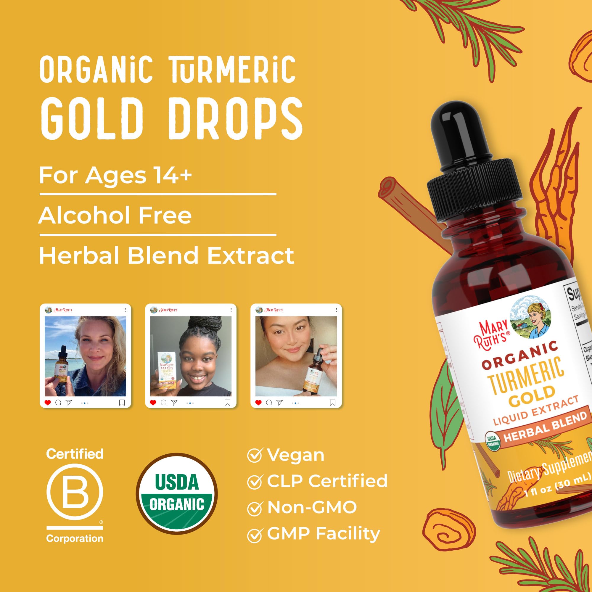 MaryRuth Organics USDA Turmeric Gold Liquid Drops | Herbal Blend | Turmeric Curcumin | Black Pepper | Cassia Cinnamon Bark | Ginger Root | Immune Support | Non-GMO Project Verified | Vegan | 1oz
