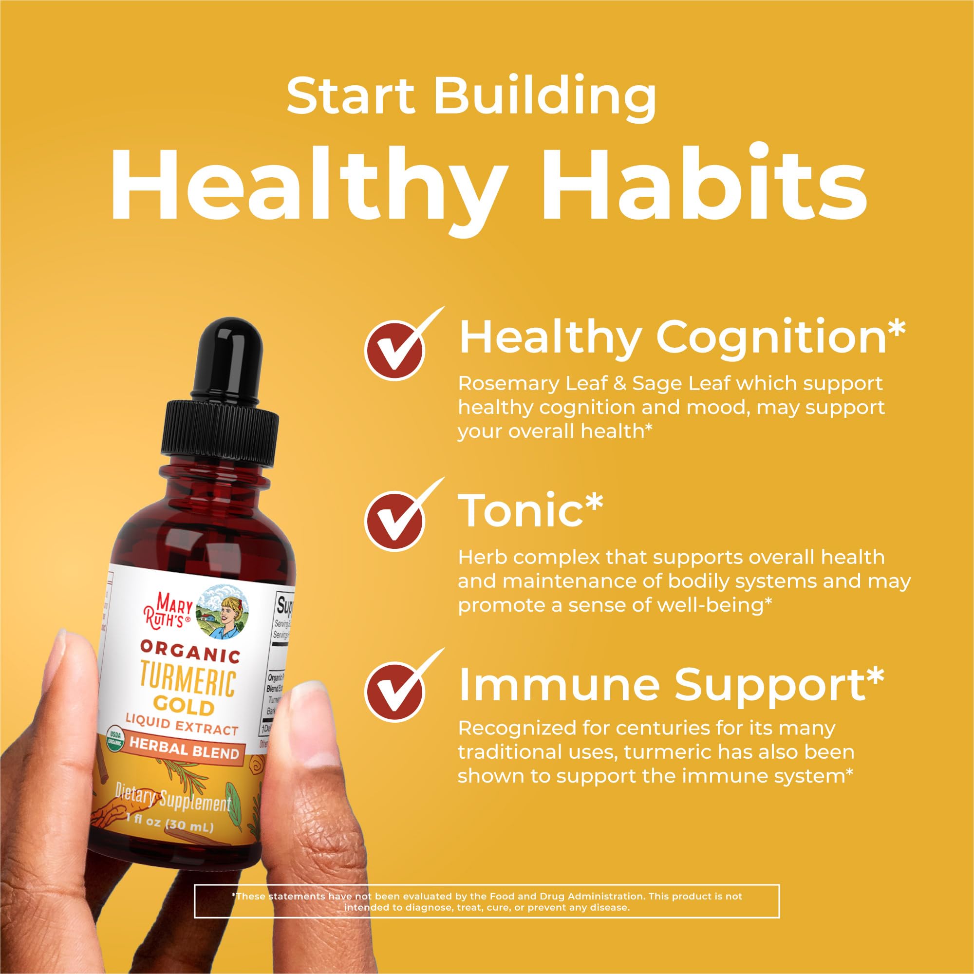 MaryRuth Organics USDA Turmeric Gold Liquid Drops | Herbal Blend | Turmeric Curcumin | Black Pepper | Cassia Cinnamon Bark | Ginger Root | Immune Support | Non-GMO Project Verified | Vegan | 1oz