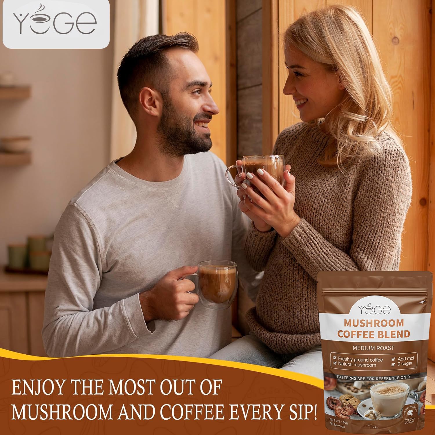 YEGE Mushroom Coffee, 6 Adaptogenic Mushrooms with Cordyceps, Reishi, King Trumpet, Shitake, Turkey Tail, Lions Mane, Instant Coffee Powder for Energy,Focus, Digestion & Immune Support, 30 Servings