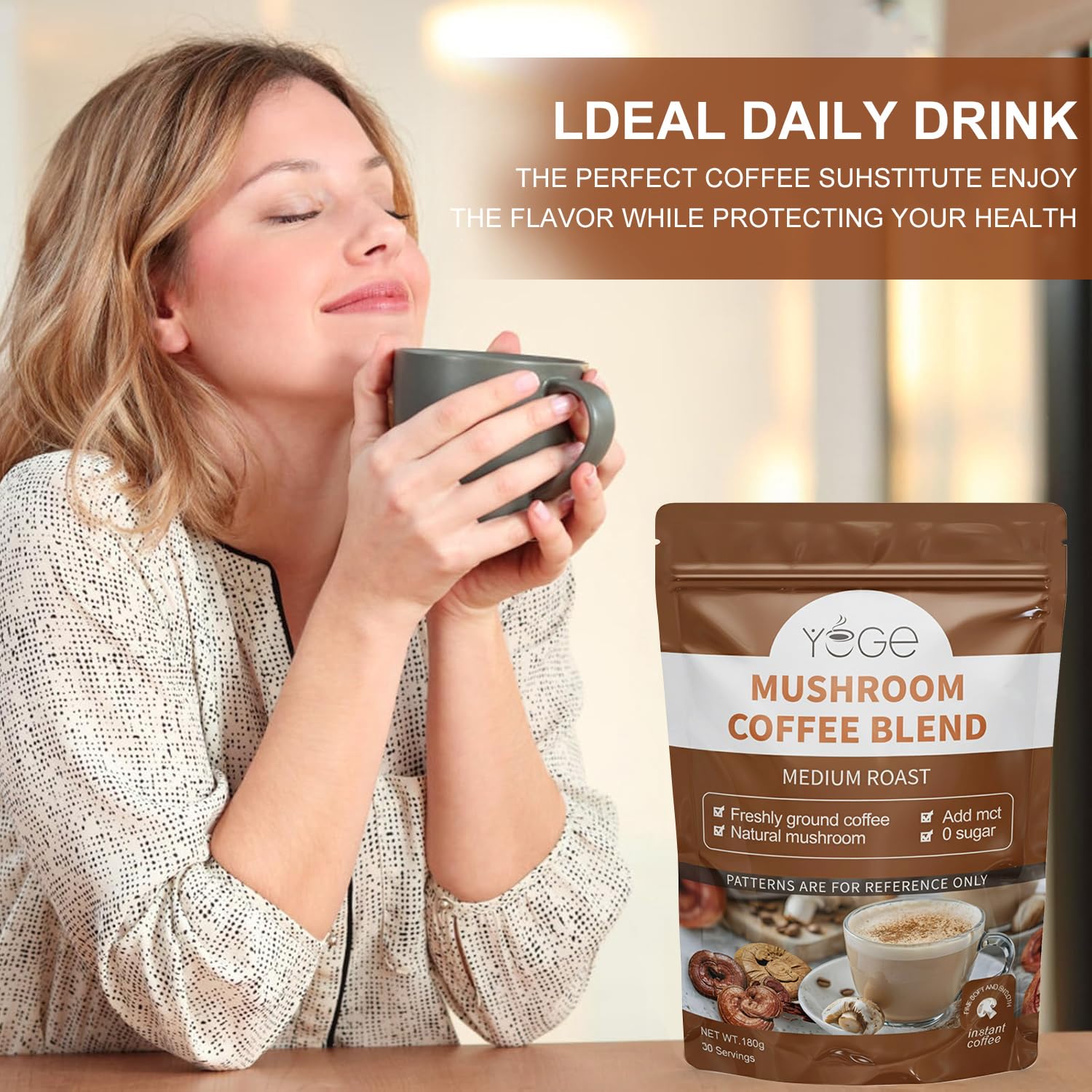 YEGE Mushroom Coffee, 6 Adaptogenic Mushrooms with Cordyceps, Reishi, King Trumpet, Shitake, Turkey Tail, Lions Mane, Instant Coffee Powder for Energy,Focus, Digestion & Immune Support, 30 Servings