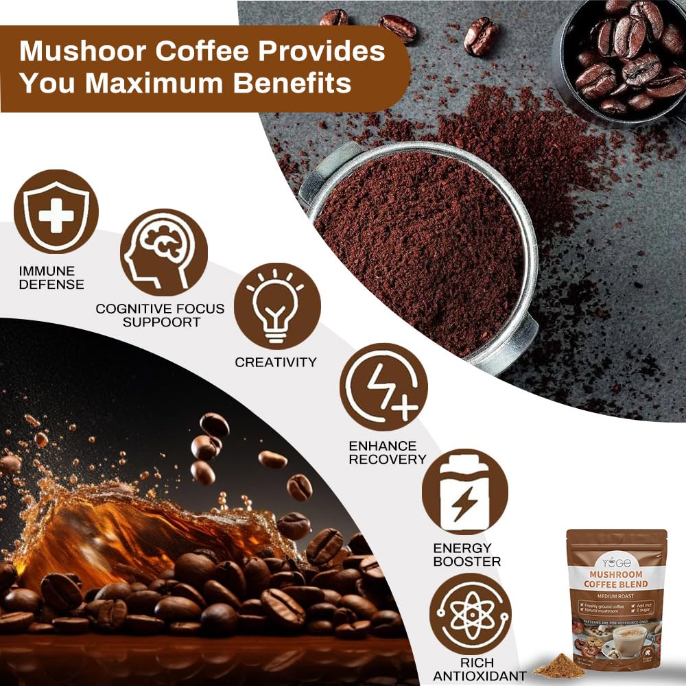 YEGE Mushroom Coffee, 6 Adaptogenic Mushrooms with Cordyceps, Reishi, King Trumpet, Shitake, Turkey Tail, Lions Mane, Instant Coffee Powder for Energy,Focus, Digestion & Immune Support, 30 Servings