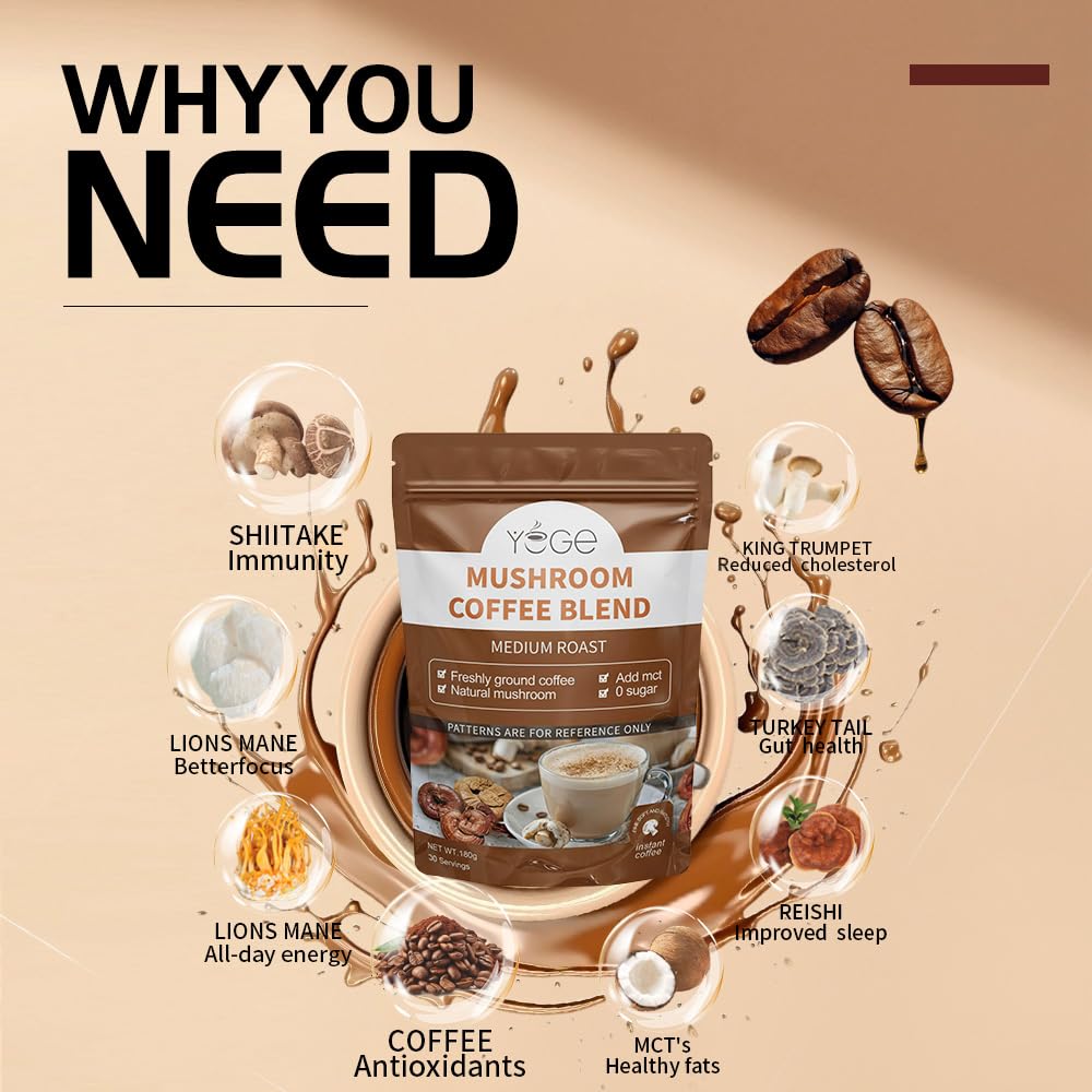 YEGE Mushroom Coffee, 6 Adaptogenic Mushrooms with Cordyceps, Reishi, King Trumpet, Shitake, Turkey Tail, Lions Mane, Instant Coffee Powder for Energy,Focus, Digestion & Immune Support, 30 Servings