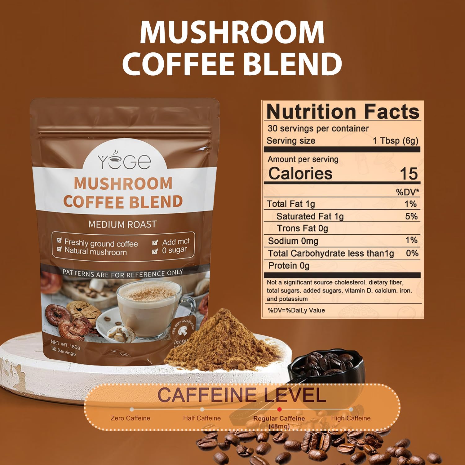 YEGE Mushroom Coffee, 6 Adaptogenic Mushrooms with Cordyceps, Reishi, King Trumpet, Shitake, Turkey Tail, Lions Mane, Instant Coffee Powder for Energy,Focus, Digestion & Immune Support, 30 Servings