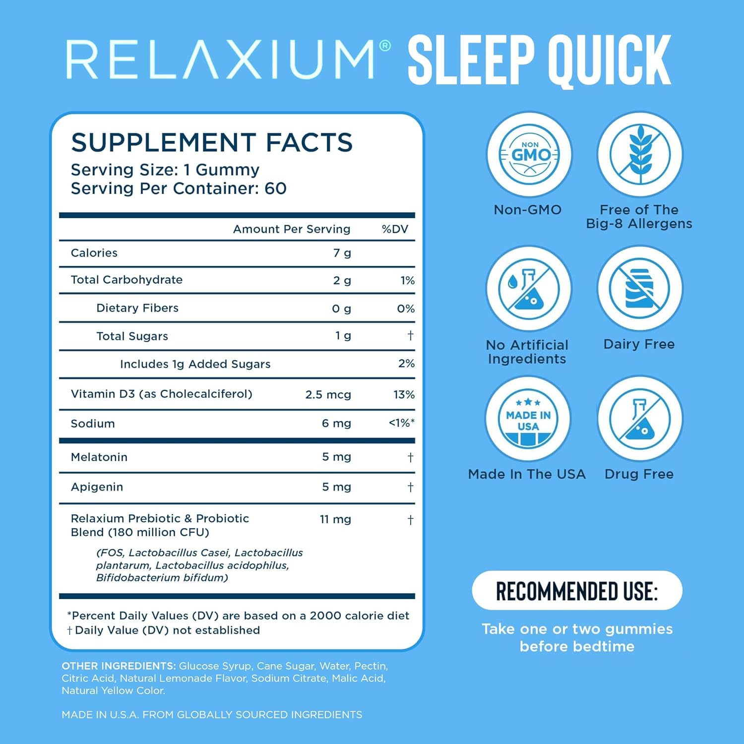Relaxium SleepQuick Gummies - Sleep Aid + Gut Health & Immune Support, 5 mg Melatonin, Vitamin D-3 + Prebiotic & Probiotic Blend, Gluten & Drug Free, Lemon Flavor, 60 Gummies