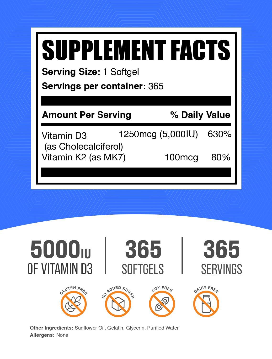 BulkSupplements.com Vitamin D3 + K2 5000 IU Softgels - D3 K2 Supplement, for Immune Health - Gluten Free, 1 Softgel per Serving, 365 Count (Pack of 1)