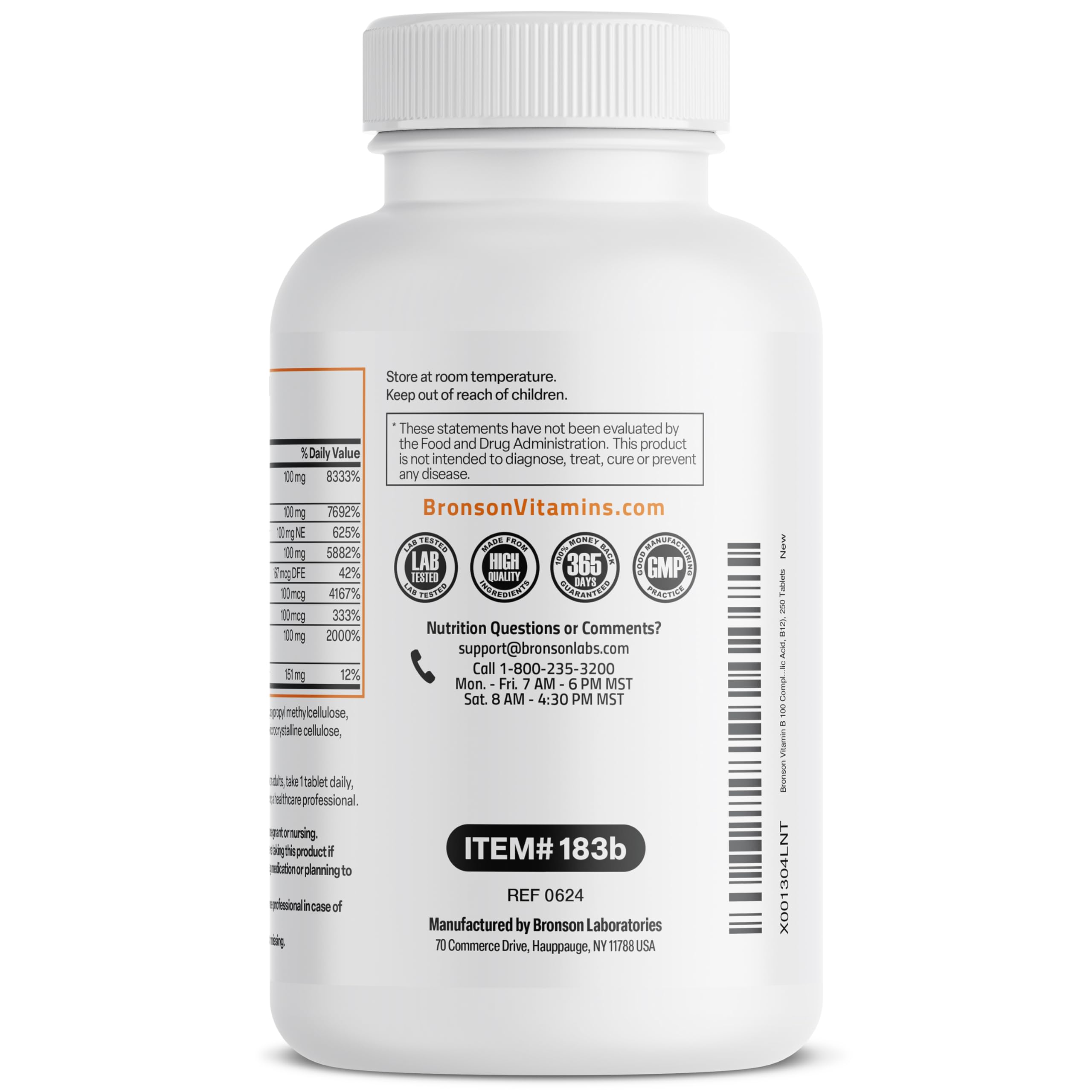 Bronson Super B 100 Vitamin B Complex Sustained Release Contains All B Vitamins (Vitamin B1, B2, B3, B6, B9 - Folic Acid, B12) Supports Energy Metabolism & Nervous System Health, Non-GMO, 250 Tablets