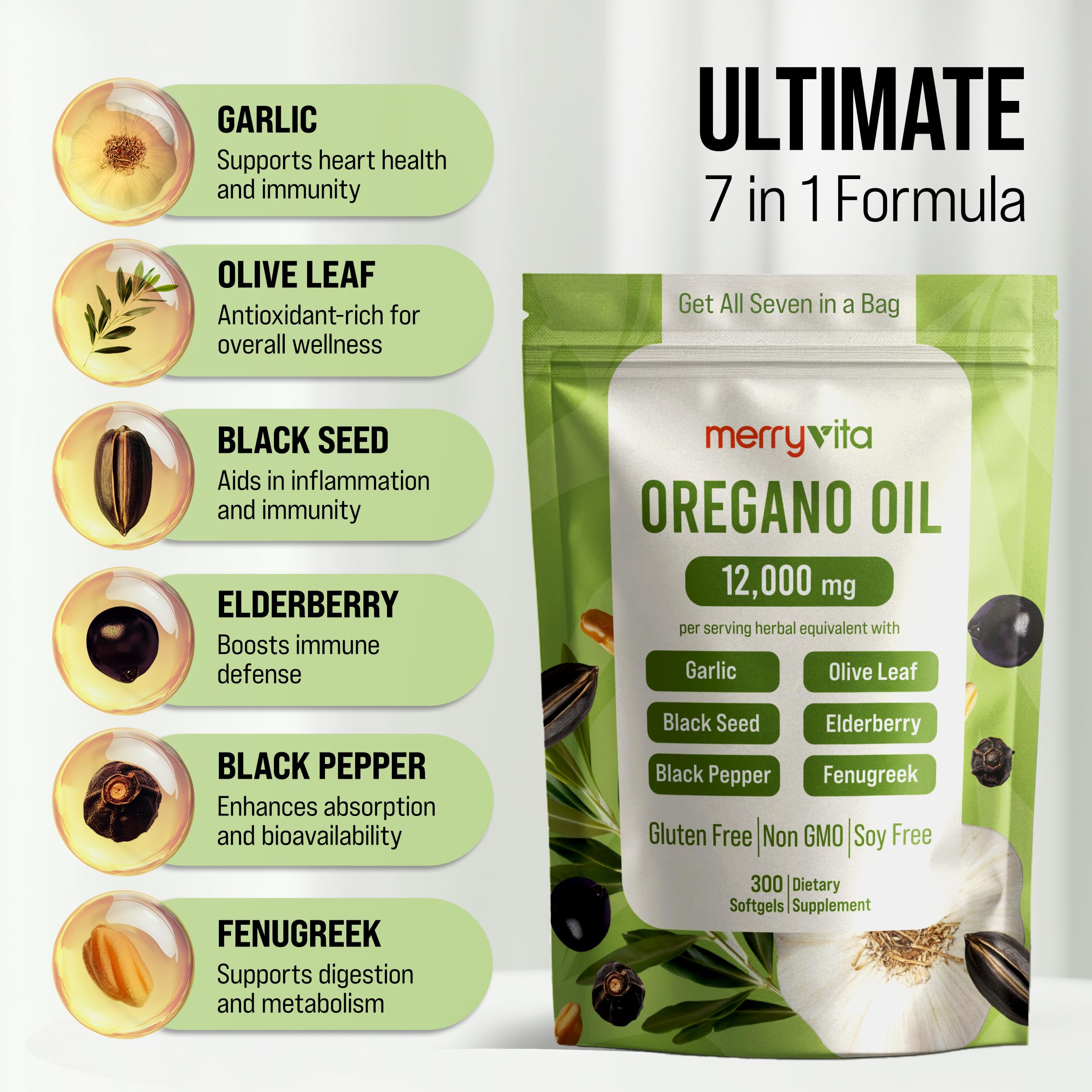 MERRY VITA Oil of Oregano with Black Seed Oil– 12,000mg Oregano Oil Capsules Organic, High Carvacrol – Aceite de Orégano Cápsulas, Immune Support Supplement – Non-GMO - 300 Softgels