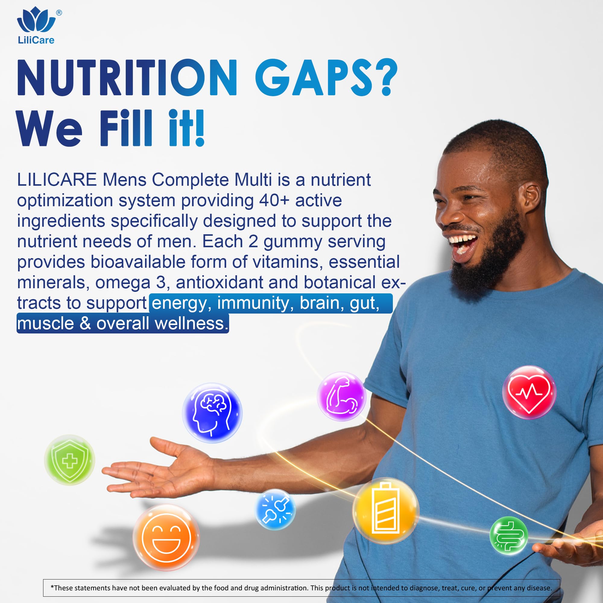 Mens Multivitamins Gummies, Methylated Multivitamin for Men, B Complex, Minerals, Vegan Omega 3, Probiotic, Enzyme, Antioxidants for Men's Complete Daily Support, Sugar Free, Vegan (No Iron) 60 Counts