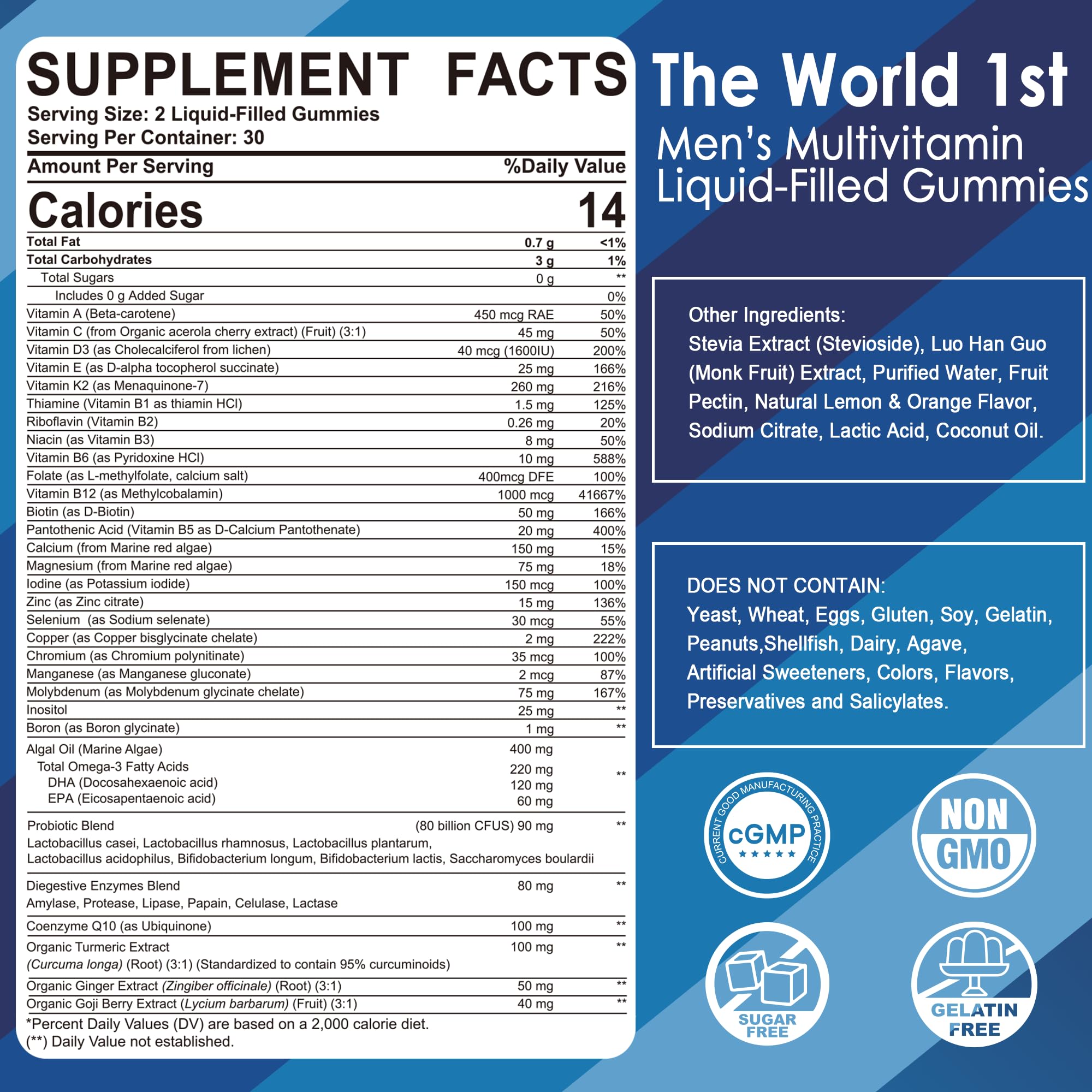 Mens Multivitamins Gummies, Methylated Multivitamin for Men, B Complex, Minerals, Vegan Omega 3, Probiotic, Enzyme, Antioxidants for Men's Complete Daily Support, Sugar Free, Vegan (No Iron) 60 Counts