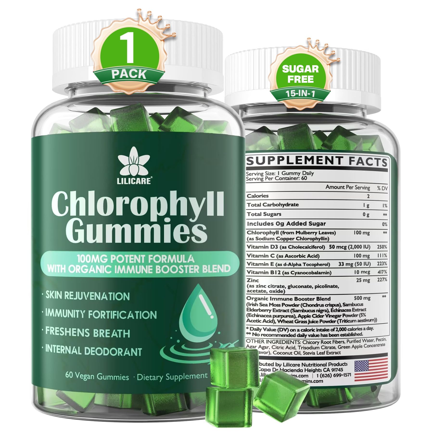 Chlorophyll Gummies - Super Green with Wheat Grass, Sea Moss, Unfiltered ACV & Elderberry, Echinacea, Zinc Complex & Vitamin D3, C, E, B12 for Natural Deodorant, Immune & Digestion Support, 60 Chews