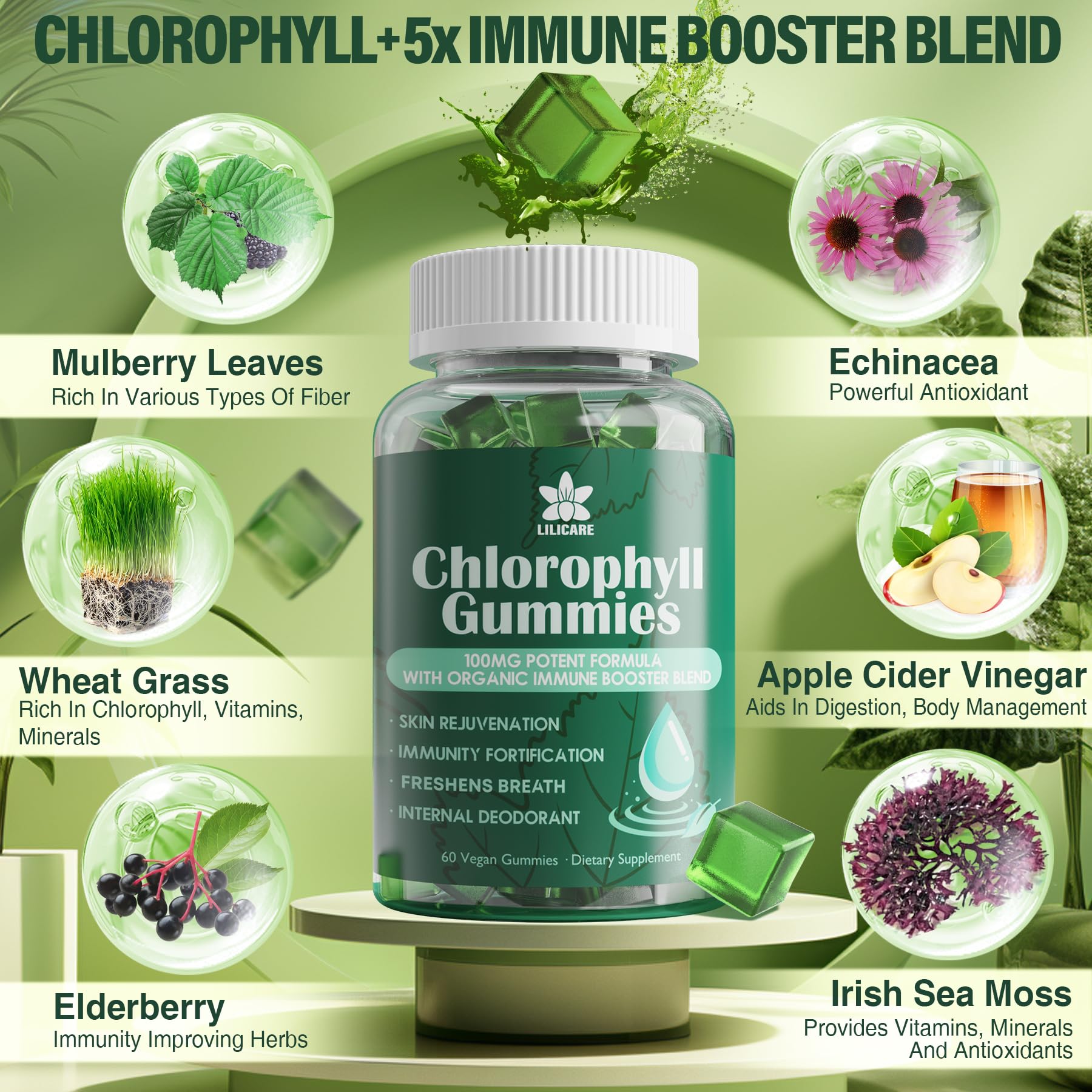 Chlorophyll Gummies - Super Green with Wheat Grass, Sea Moss, Unfiltered ACV & Elderberry, Echinacea, Zinc Complex & Vitamin D3, C, E, B12 for Natural Deodorant, Immune & Digestion Support, 60 Chews