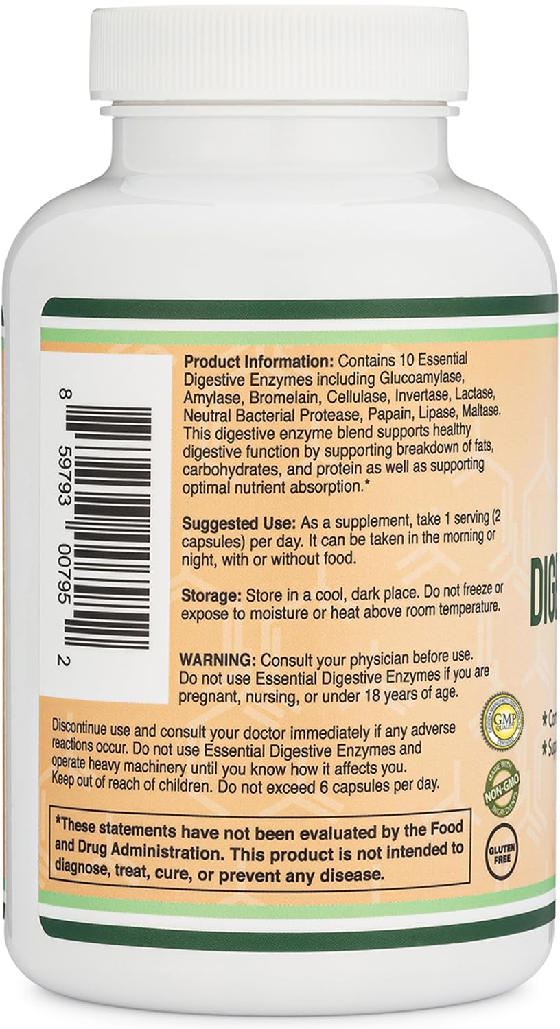 Digestive Enzymes - 800mg Blend of All 10 Most Essential Digestive and Pancreatic Enzymes (Amylase, Lipase, Bromelain, Lactase, Papain, Protease, Cellulase, Maltase, Invertase) by Double Wood