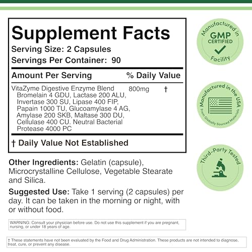 Digestive Enzymes - 800mg Blend of All 10 Most Essential Digestive and Pancreatic Enzymes (Amylase, Lipase, Bromelain, Lactase, Papain, Protease, Cellulase, Maltase, Invertase) by Double Wood