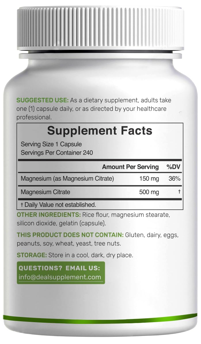 DEAL SUPPLEMENT Magnesium Citrate 500mg, 240 Capsules | Easily Absorbed, Purified Trace Mineral – One a Day, Non-GMO