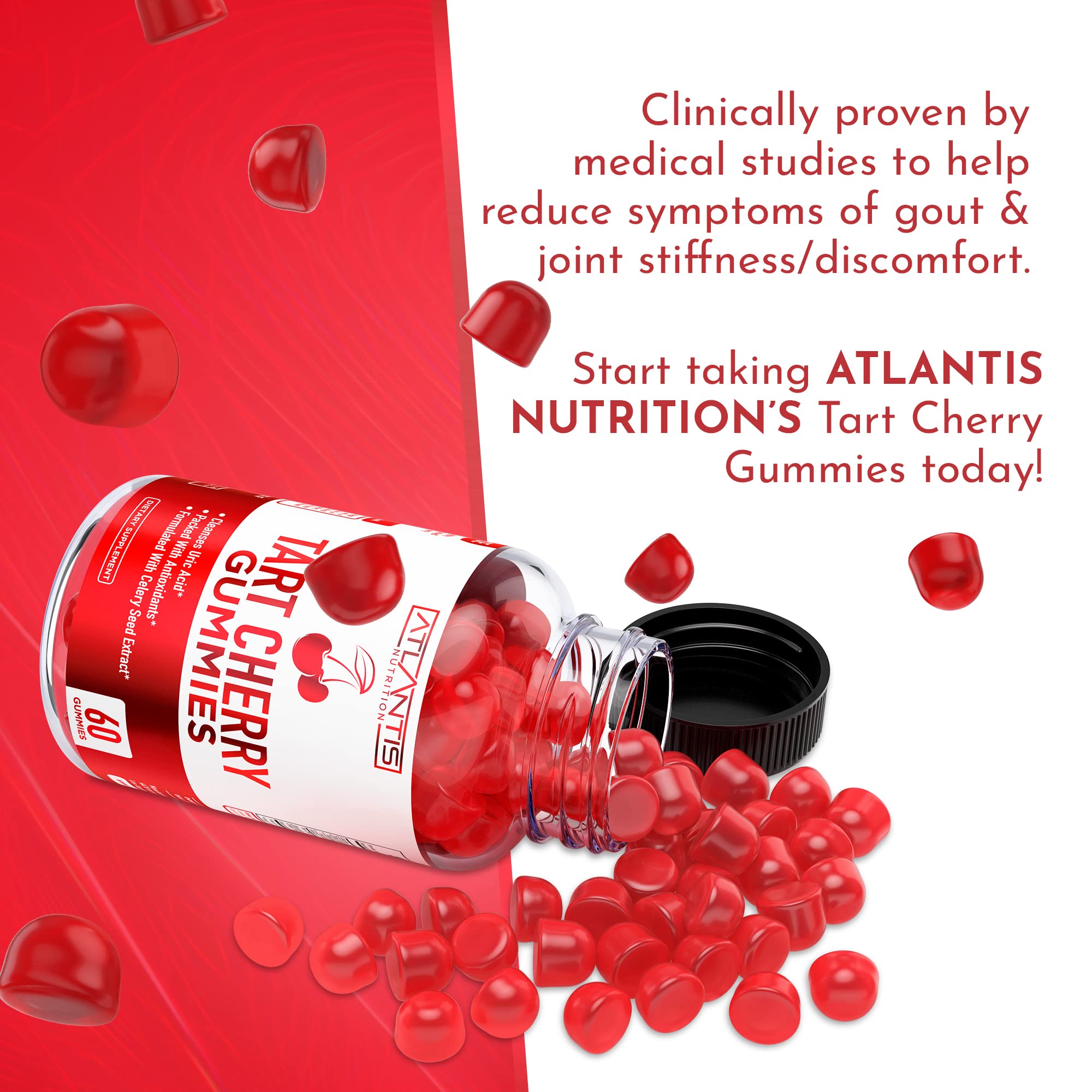 Atlantis Nutrition Tart Cherry Gummies with Celery Seed Extract - Advanced Uric Acid Cleanse for Immediate Gout Relief, Joint Relief & Recovery | Powerful Antioxidant with Joint Support - 60 Gummies