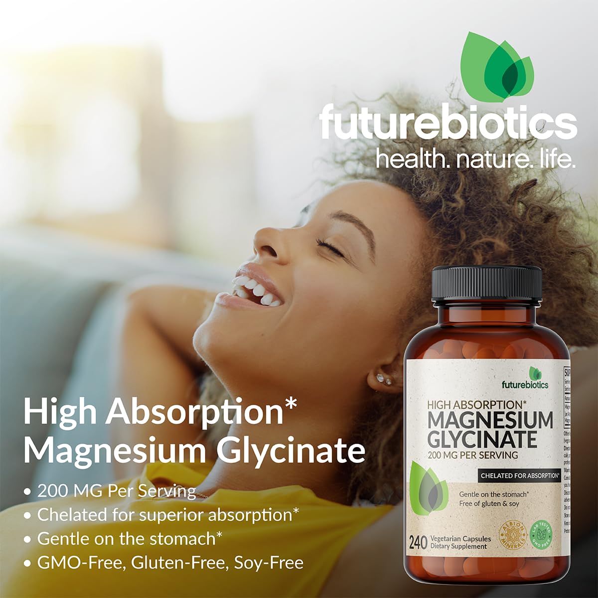 Futurebiotics Magnesium Glycinate 200 MG per Serving Chelated for High Absorption, Gentle On Stomach, Non-GMO, 240 Vegetarian Capsules