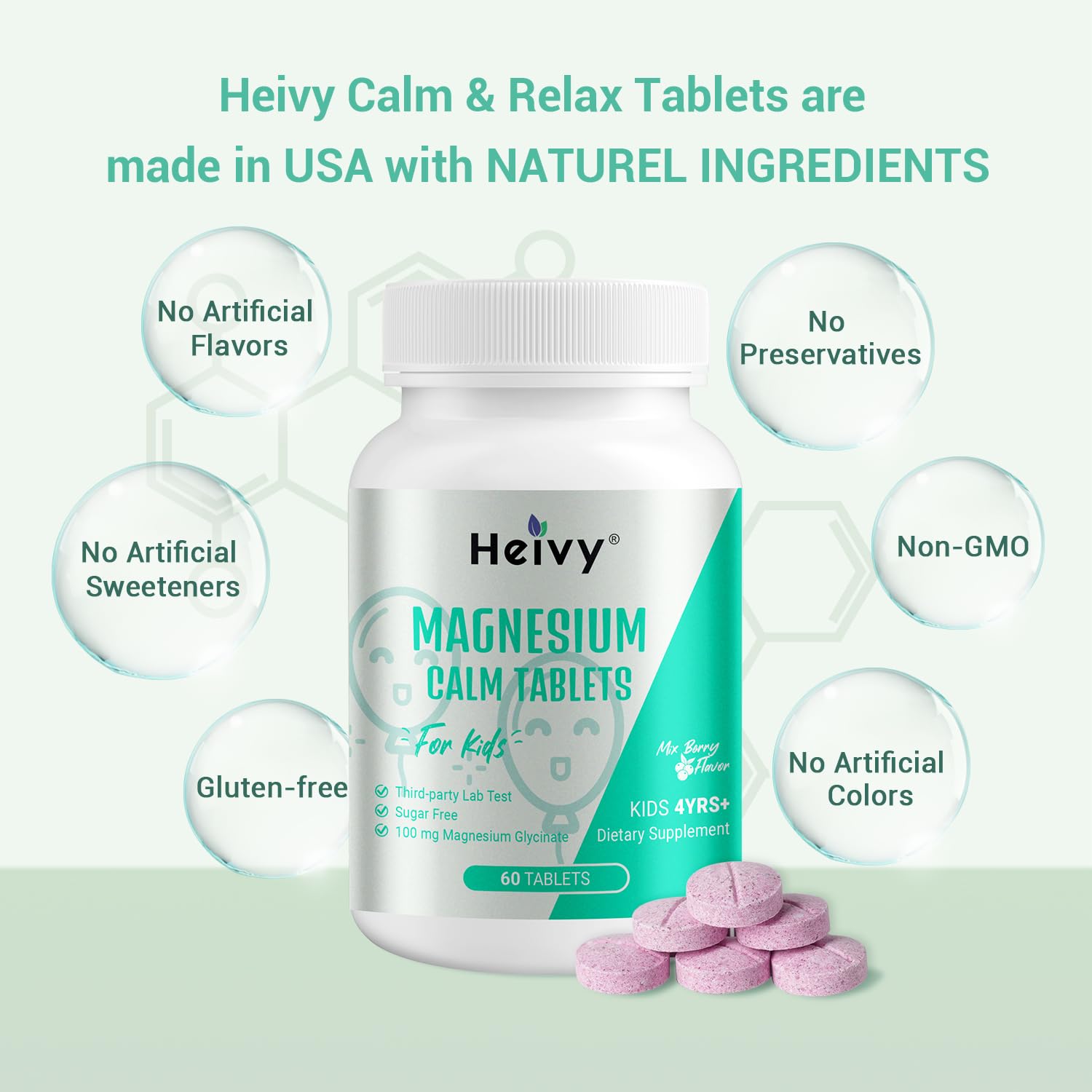 Heivy Kids Calming Supplement, Contains Magnesium Glycinate & Vitamin B6, Support Calm & Relax, Calm Mind and Body, Berry Flavor for Age 4+ (60 Servings), Vegan, Gluten-Free, Made in USA