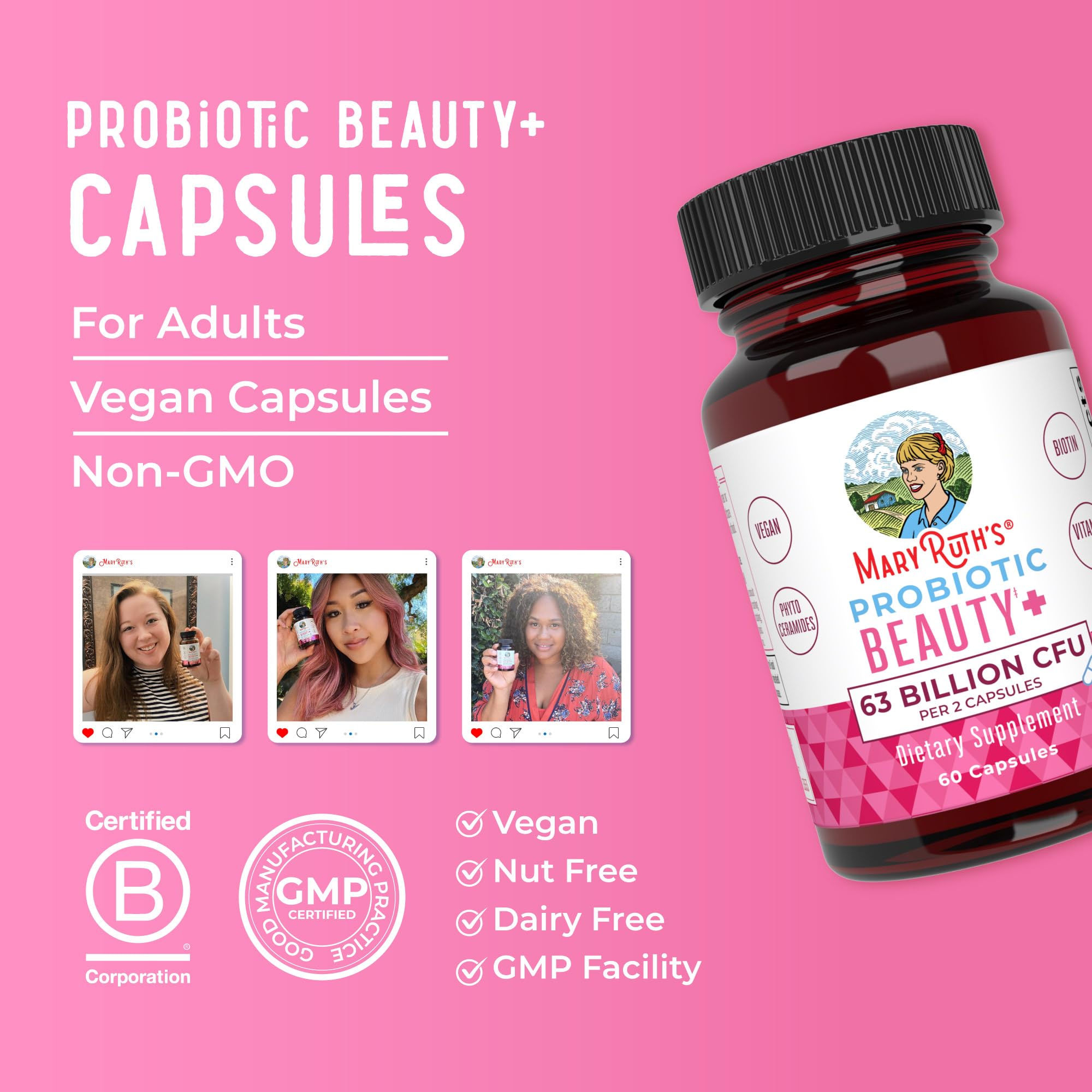 MaryRuth Organics Probiotic Beauty Capsules | Vegan Collagen Support | Anti Aging | Gut Health | Hair Skin and Nails Vitamins | Skin Care | Biotin | Non-GMO Project Verified | 60 Count