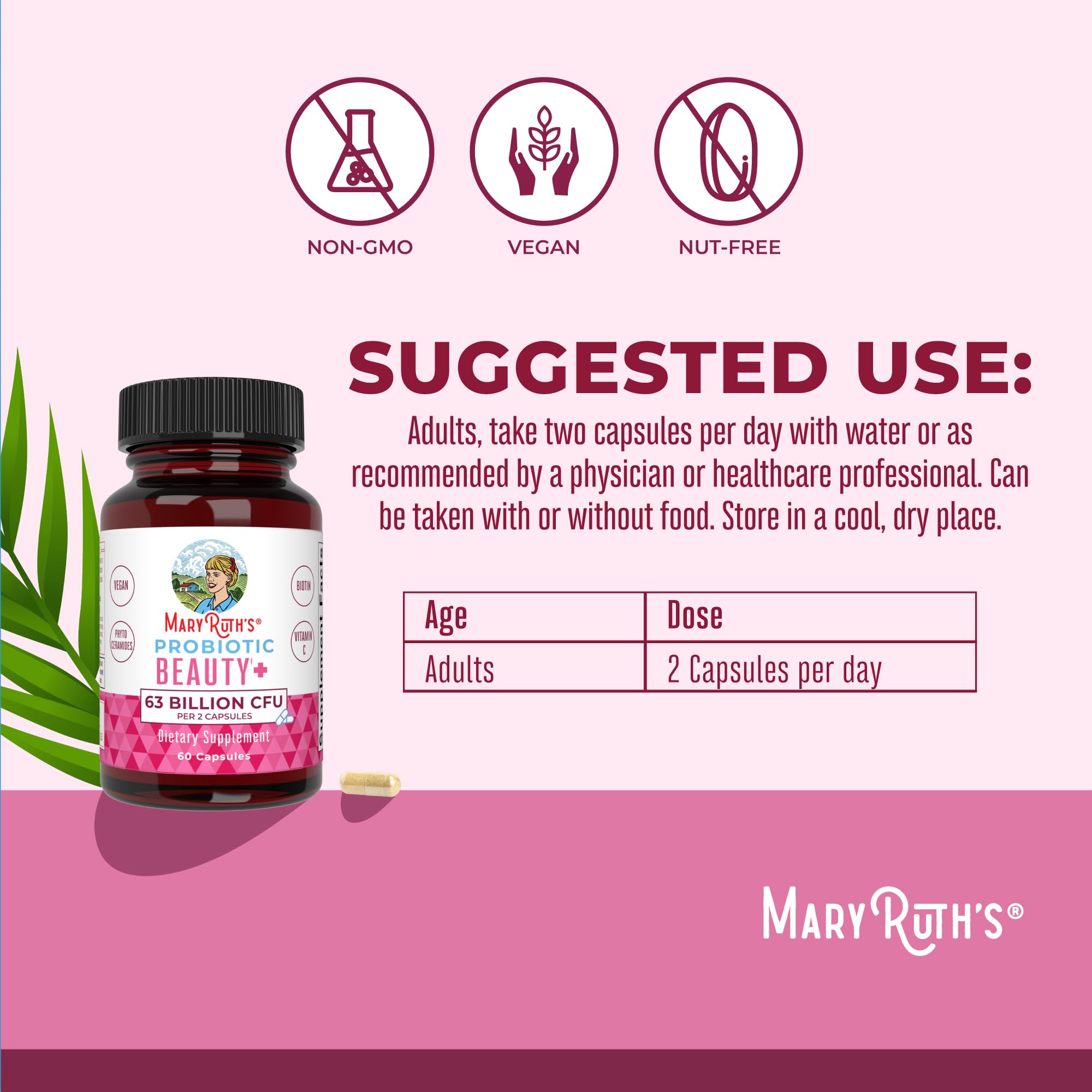 MaryRuth Organics Probiotic Beauty Capsules | Vegan Collagen Support | Anti Aging | Gut Health | Hair Skin and Nails Vitamins | Skin Care | Biotin | Non-GMO Project Verified | 60 Count