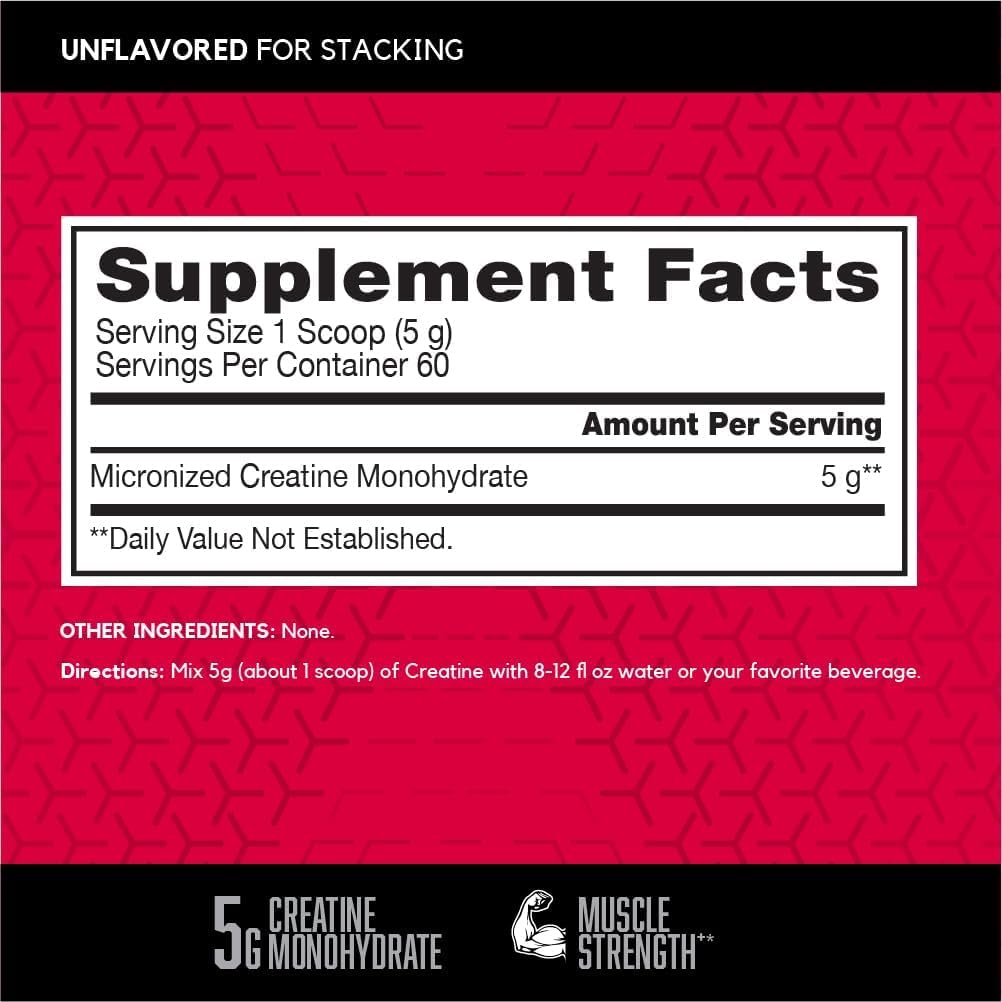 BSN Micronized Creatine Monohydrate Powder, Unflavored Creatine Powder, Micronized, Supports Muscle Building, Supports Muscle Strength, Gym Supplement, 5g per Serving, 5000mg per Servings, 60 Servings