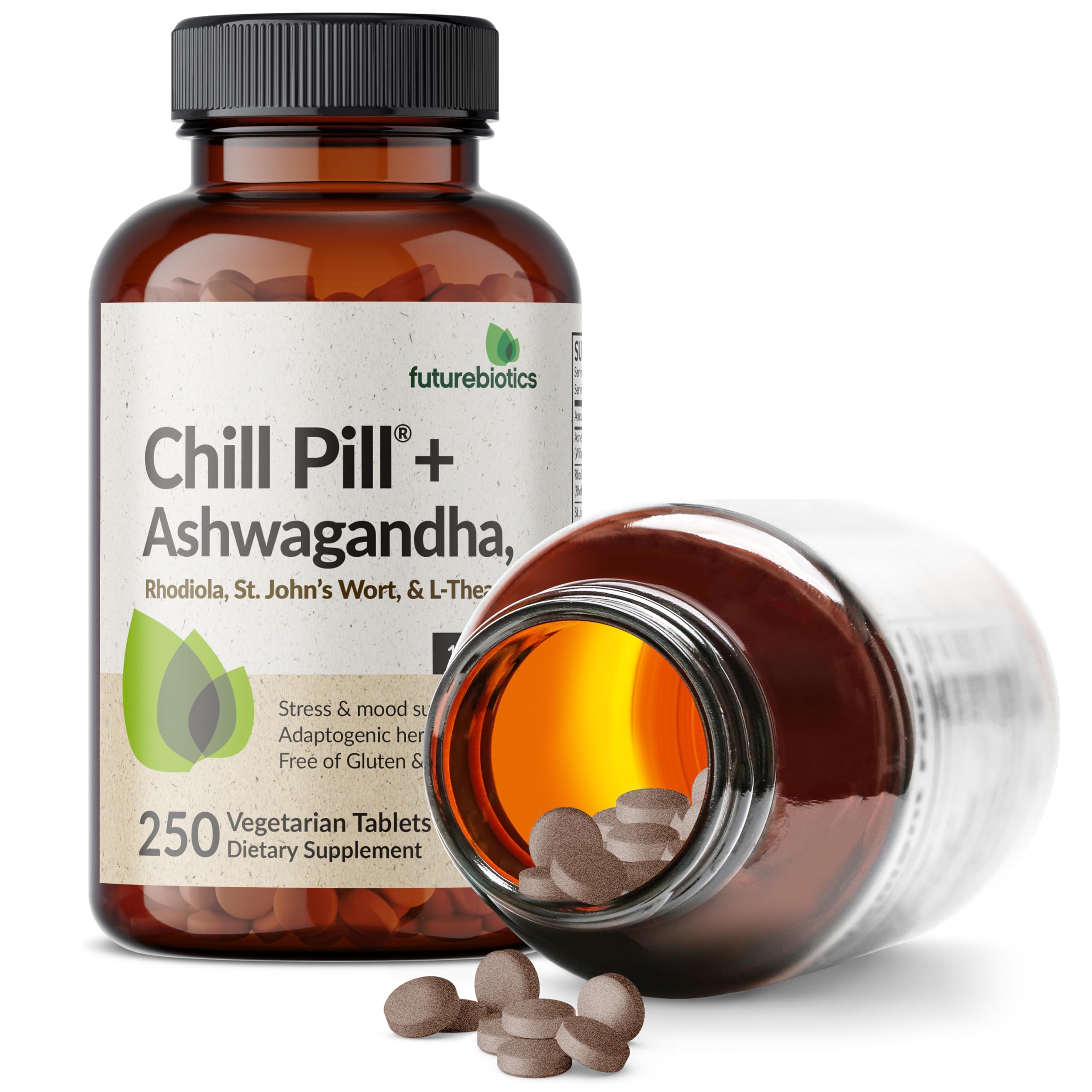 Futurebiotics Chill Pill + Ashwagandha, Rhodiola, St. John’s Wort, & L-Theanine - Non-GMO, 250 Vegetarian Tablets