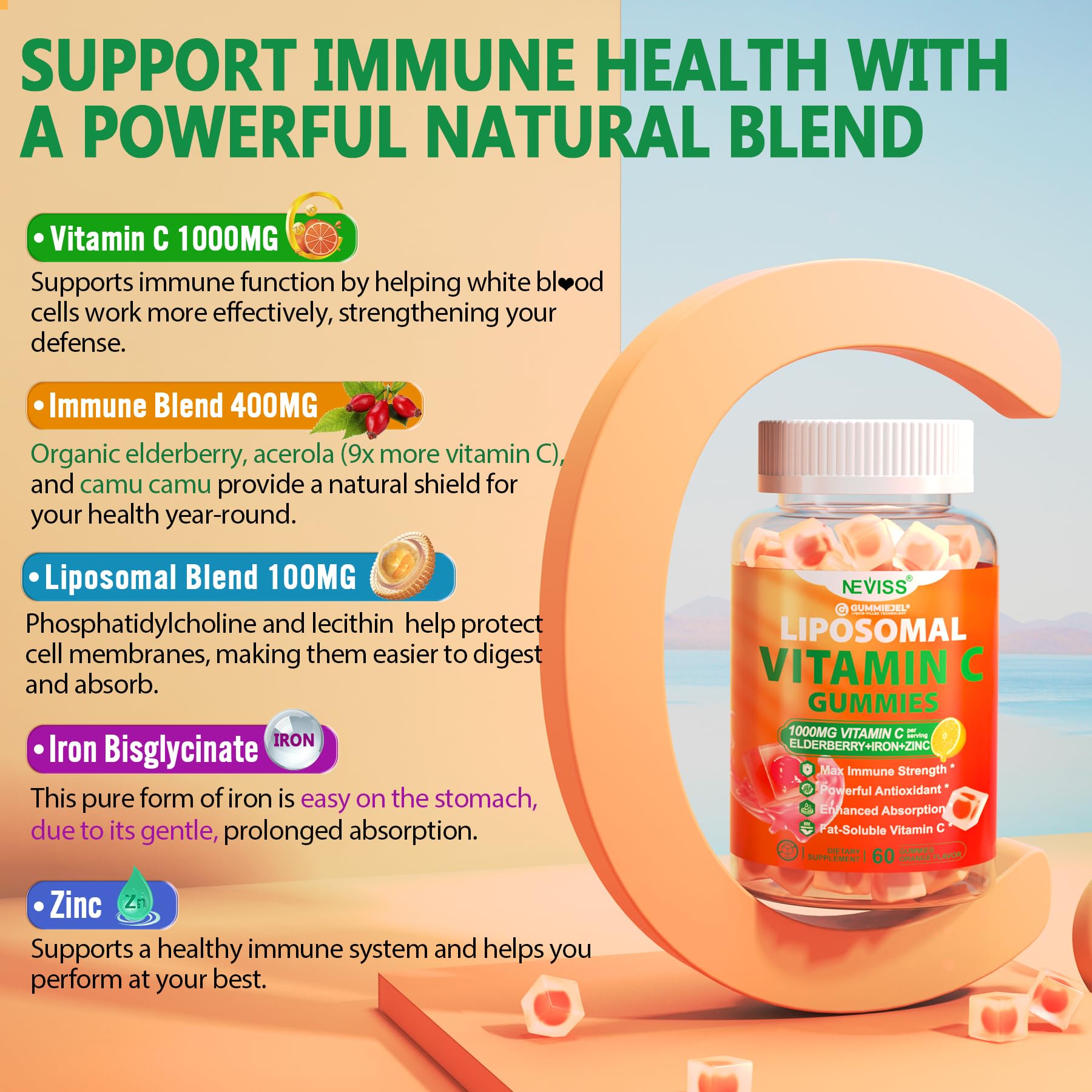 Liposomal Vitamin C 1000mg Gummies for Adults - Vitamin C Chewable 1500mg with 8mg Iron, Zinc & Elderberry - Immune Support, Immune Booster Supplement - for Energy, Collagen Booster, 1Pack Sugar Free