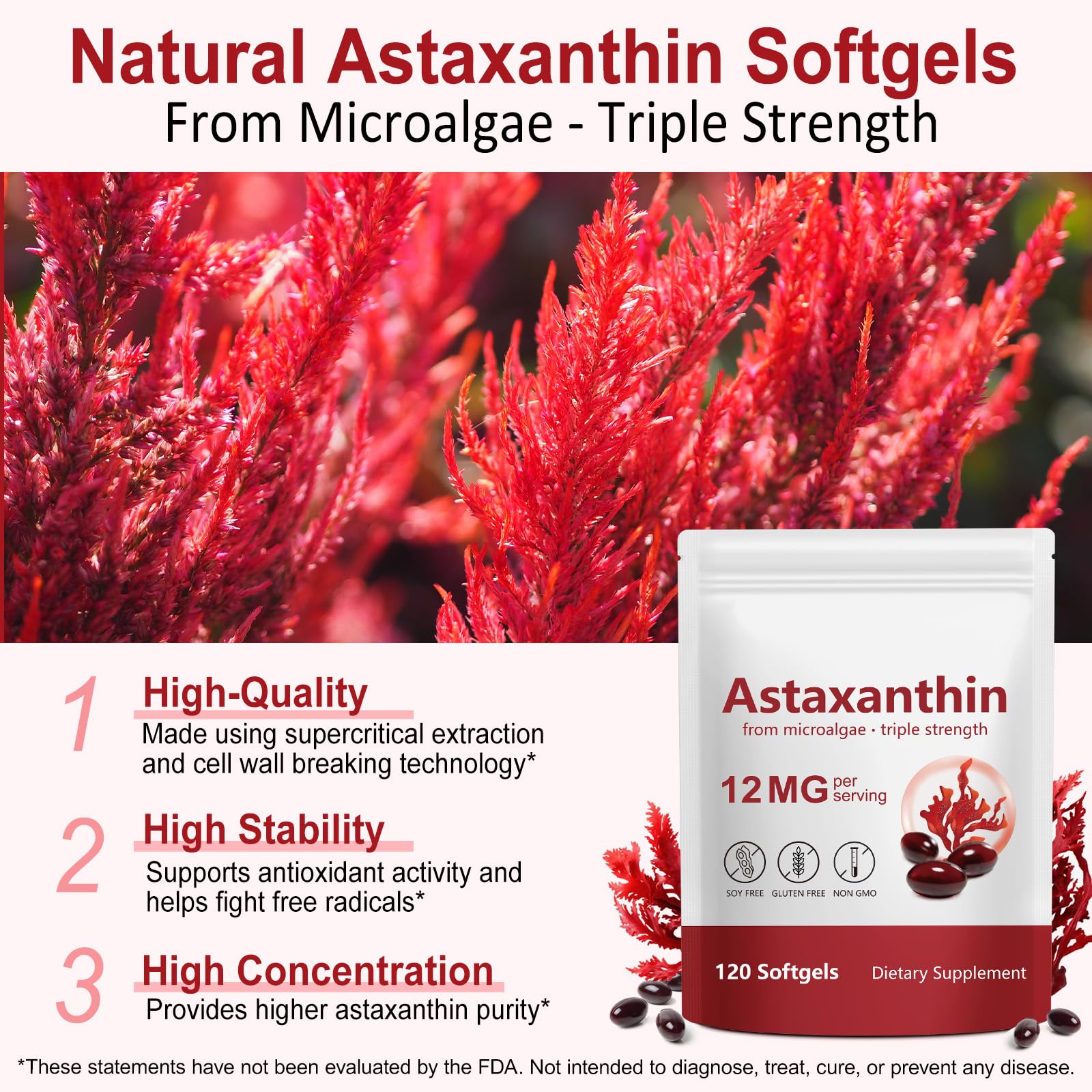 Xaarty Premium Astaxanthin 12mg, Natural Antioxidant Supplement for Eye, Joint, Skin Health,Microalgae Source, 4 Month Supply | Supports Internal Circulation, 120 Softgels