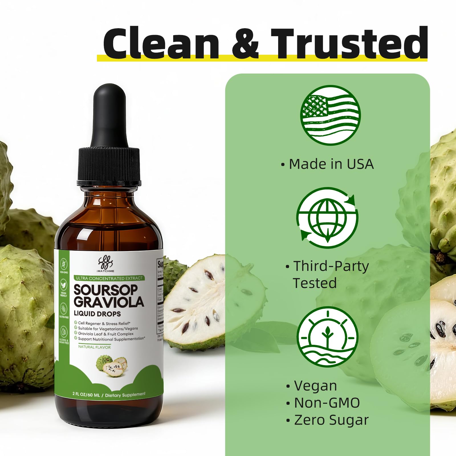 iMATCHME Soursop Graviola Liquid Drop for Cell Support & Regeneration, Immune System and Gut Health Support, Pure Soursop Bitters Liquid, High Absorption, Sugar/Gluten Free, Natural Flavor, 2 Fl Oz