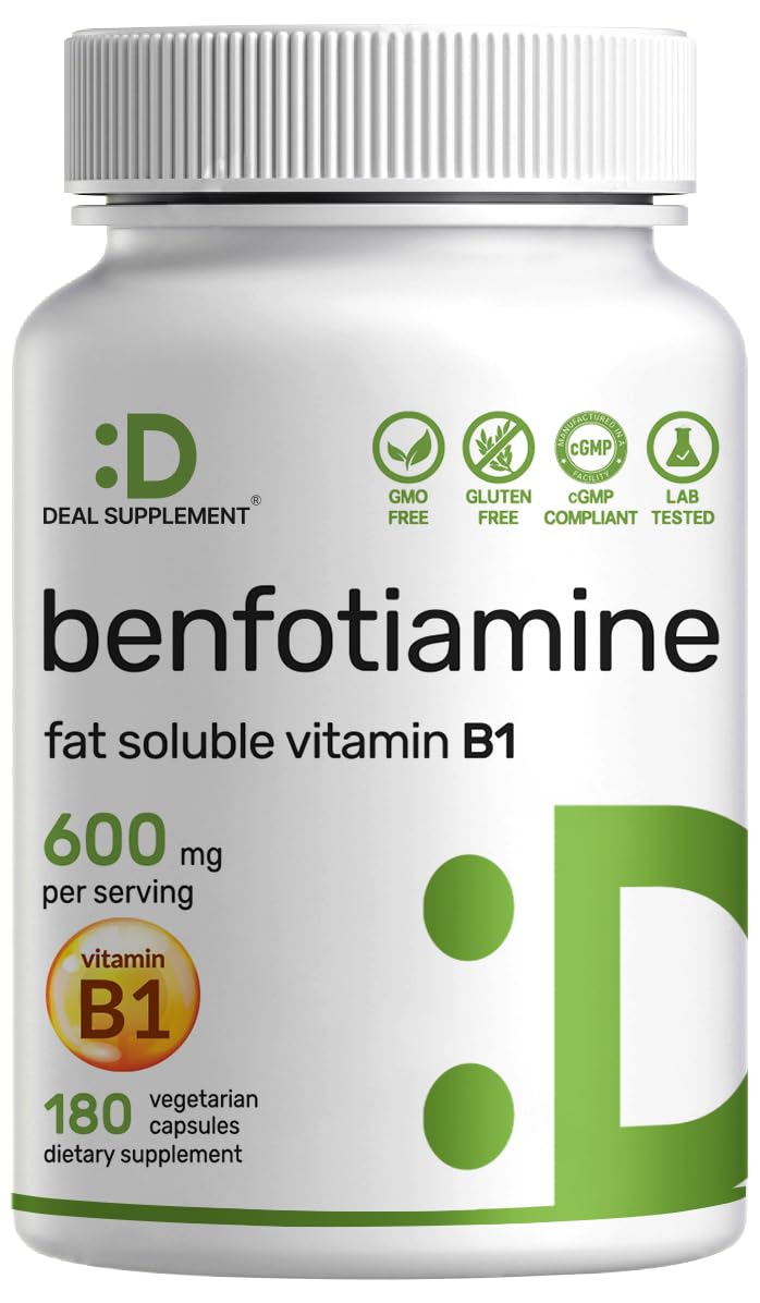 Benfotiamine 600mg Per Serving, 180 Veggie Capsules (300mg Per Cap) – Fat Soluble Vitamin B1 Thiamine Supplement – 3rd Party Tested, Vegan, Non-GMO, Gluten Free