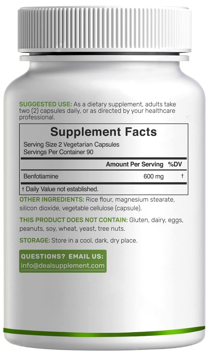 Benfotiamine 600mg Per Serving, 180 Veggie Capsules (300mg Per Cap) – Fat Soluble Vitamin B1 Thiamine Supplement – 3rd Party Tested, Vegan, Non-GMO, Gluten Free