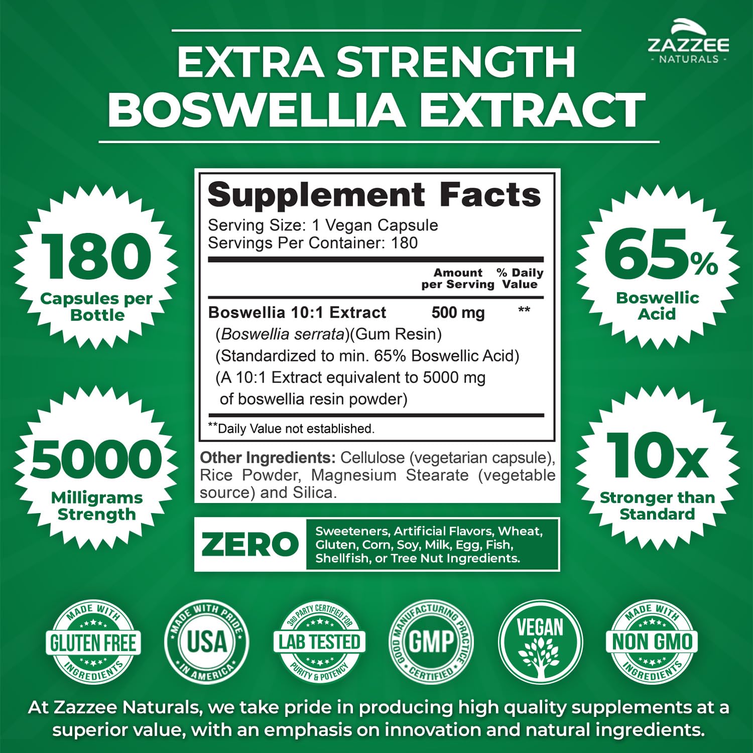 Zazzee Extra Strength Boswellia Serrata 10:1 Extract, 5000 mg Strength, 65% Boswellic Acid, 180 Vegan Capsules, 6 Month Supply, Standardized 10X High Potency, 100% Vegetarian, All-Natural, Non-GMO