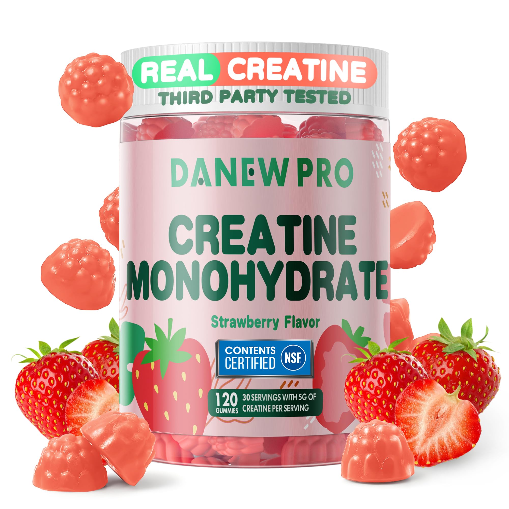 NSF Certified Creatine Gummy 5g - Creatine Monohydrate Gummies for Men & Women, Creatine Monohydrate for Muscle Strength, Muscle Builder, Energy Boost, Pre-Workout Supplement(120 Count)-Strawberry