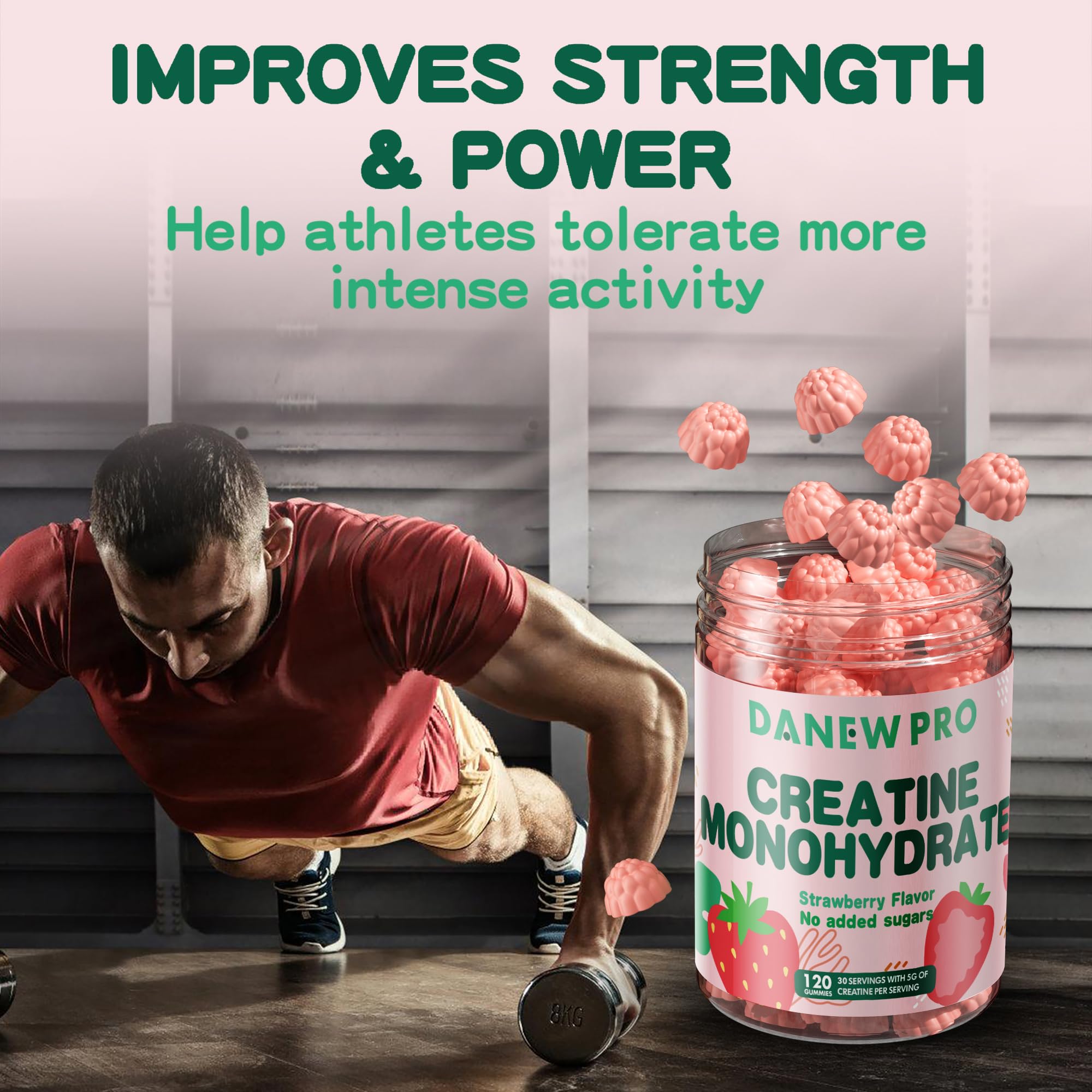 NSF Certified Creatine Gummy 5g - Creatine Monohydrate Gummies for Men & Women, Creatine Monohydrate for Muscle Strength, Muscle Builder, Energy Boost, Pre-Workout Supplement(120 Count)-Strawberry