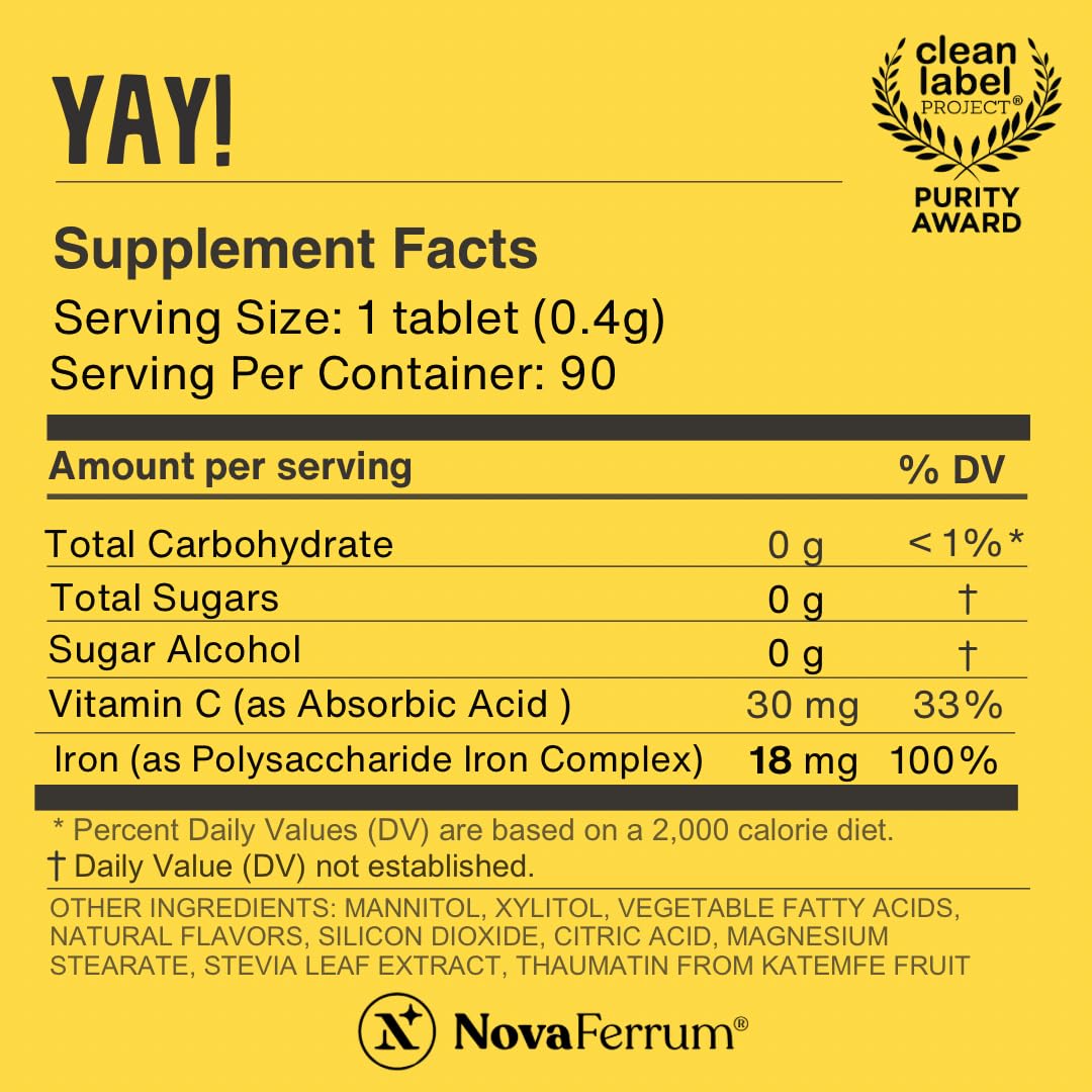 NovaFerrum Yay | Chewable Iron Supplement for Kids & Adults Ages 4 and Over | 18mg of Iron | 90 Servings | Sugar Free | Vegan | Gluten Free | Orange Flavor