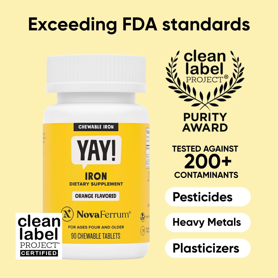 NovaFerrum Yay | Chewable Iron Supplement for Kids & Adults Ages 4 and Over | 18mg of Iron | 90 Servings | Sugar Free | Vegan | Gluten Free | Orange Flavor