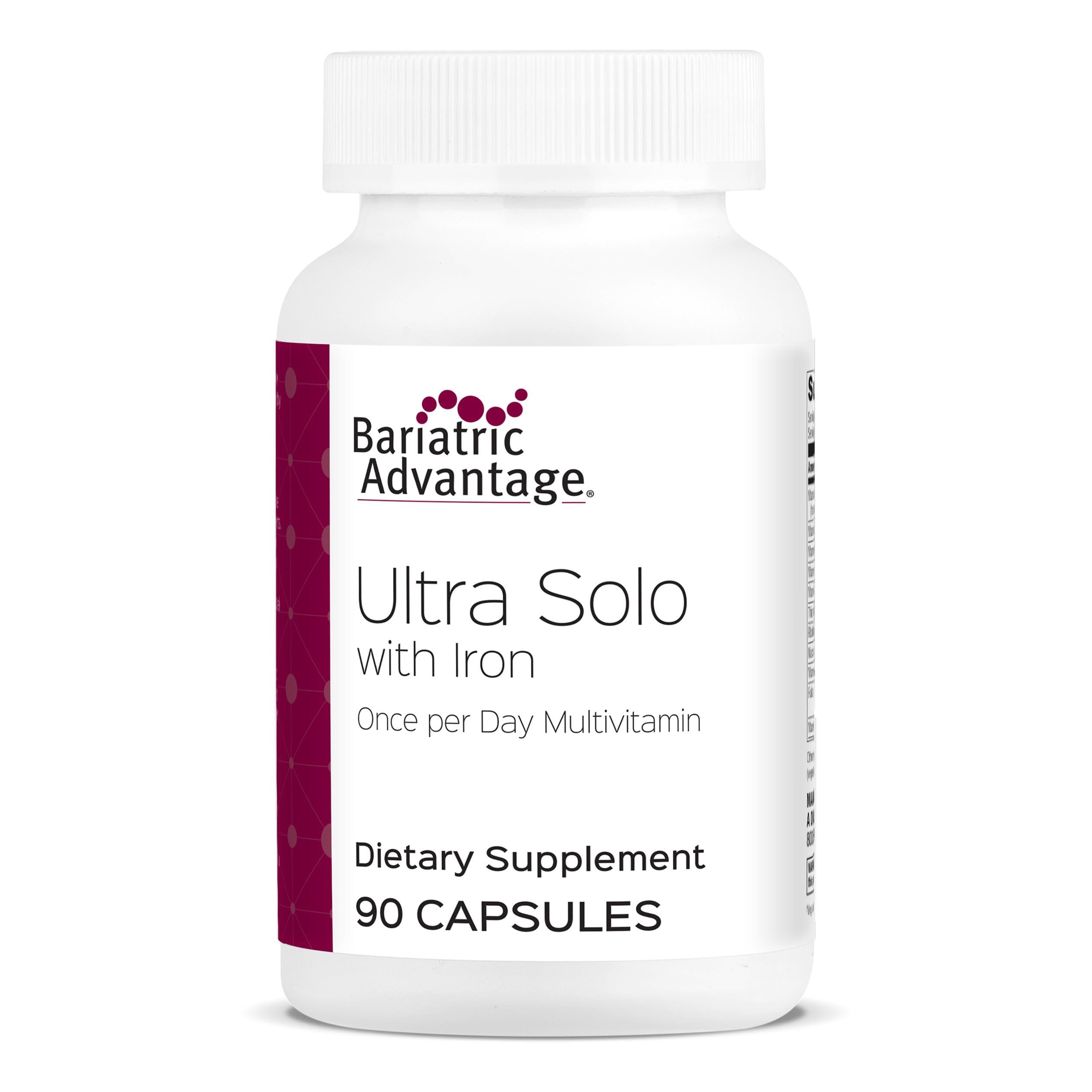 Bariatric Advantage Ultra Solo with Iron - Once-Per-Day Daily Multivitamin - for Bariatric Patients - with Thiamin, Vitamin A & More - Gluten Free - 90 Capsules