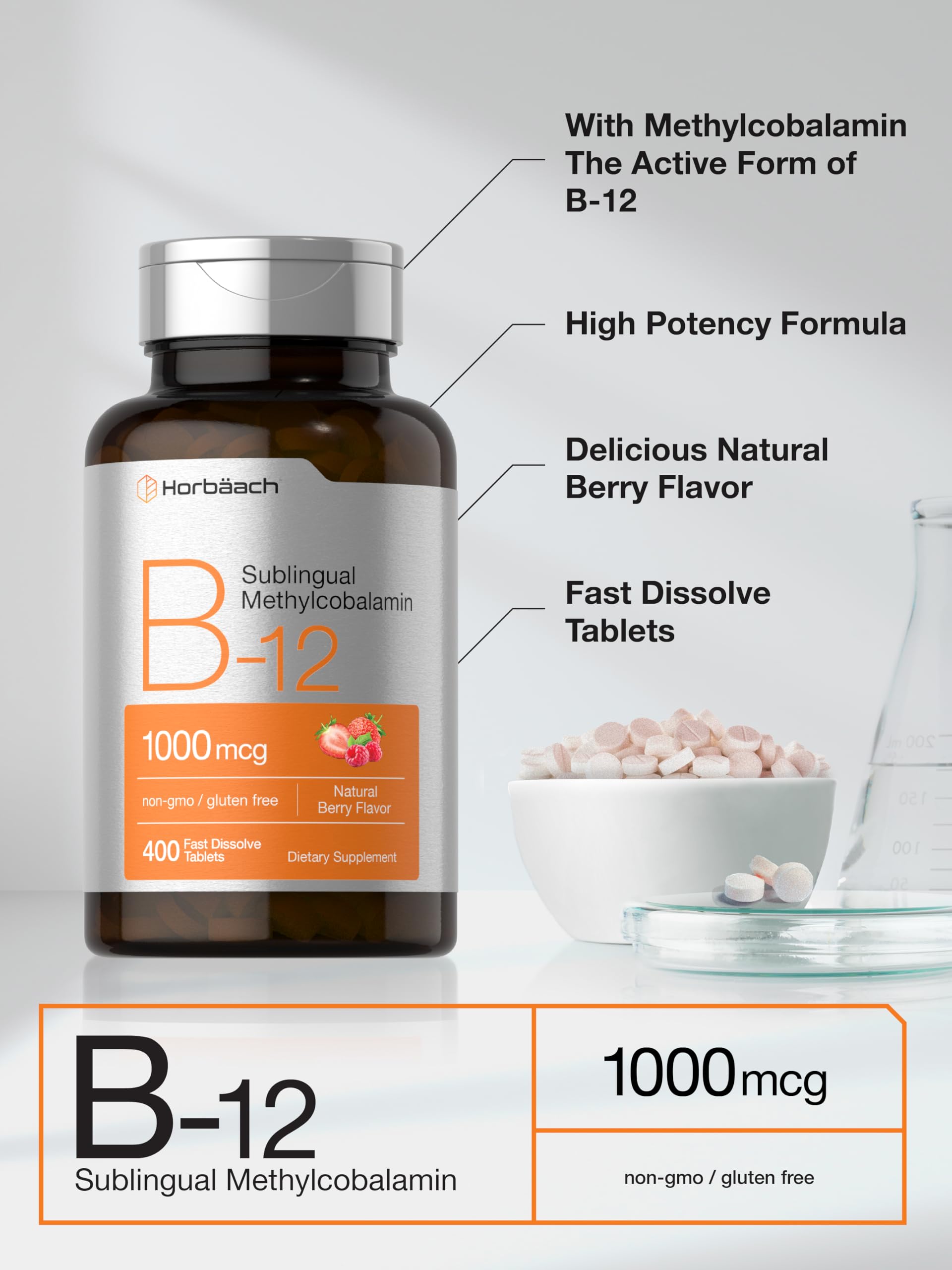 Horbaach Vitamin B12 1000 mcg Sublingual | 400 Fast Dissolve Tablets | Methylcobalamin Supplement for Women and Men | Berry Flavor | Vegan, Non-GMO, and Gluten Free
