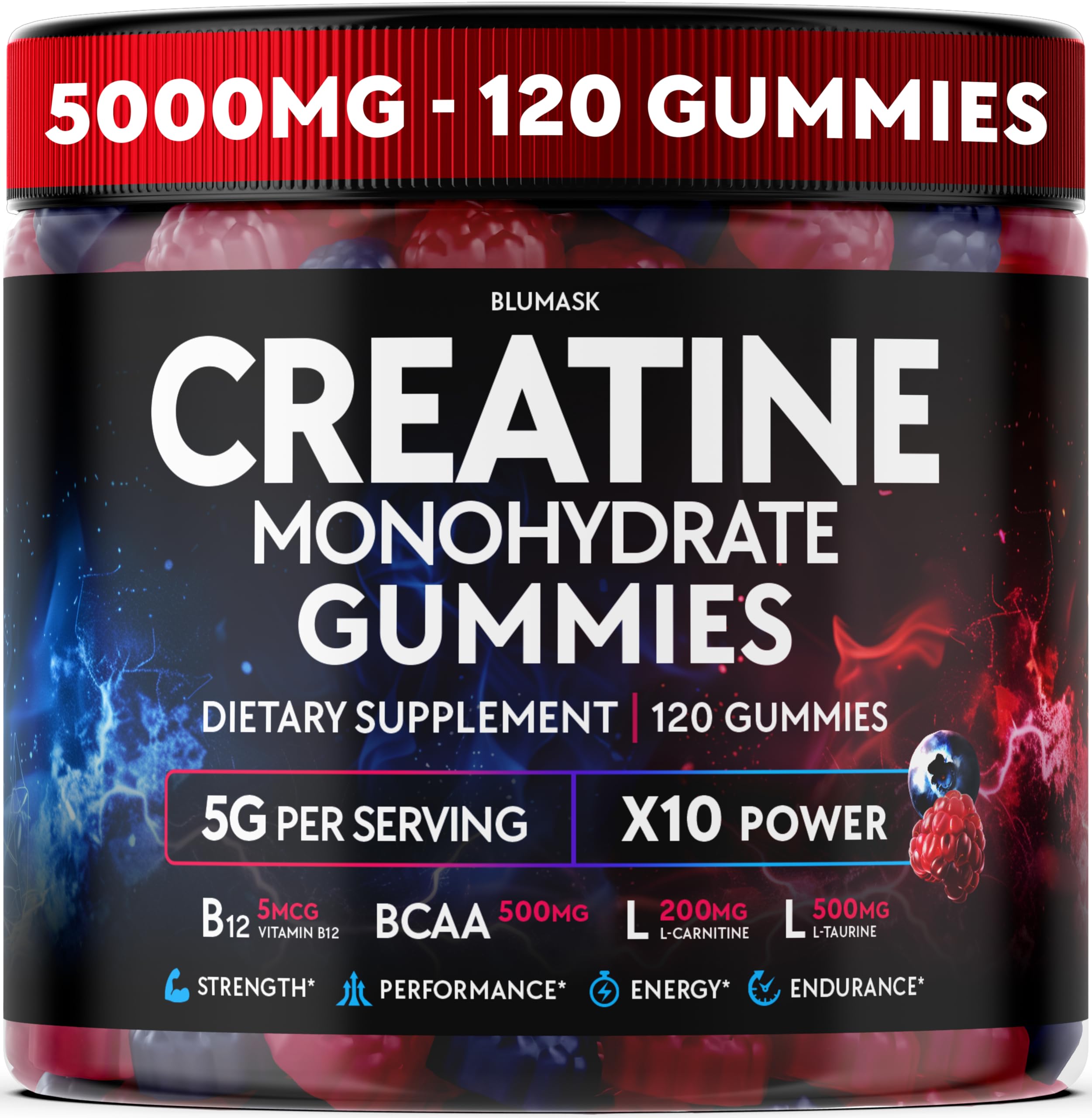 Creatine Monohydrate Gummies Complex 5000 MG for Men & Women, Preworkout Gummy with BCAA, L-Carnitine, Taurine & Vitamin B12 for Muscle Growth, Strength & Energy Support , Flavored and Chewable