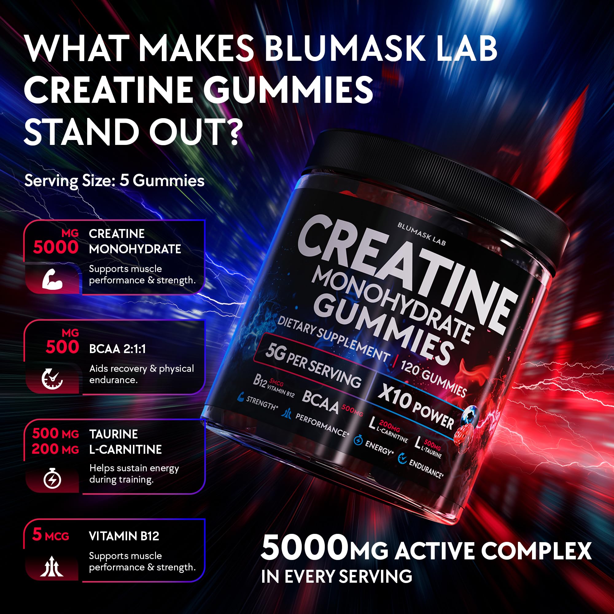 Creatine Monohydrate Gummies Complex 5000 MG for Men & Women, Preworkout Gummy with BCAA, L-Carnitine, Taurine & Vitamin B12 for Muscle Growth, Strength & Energy Support , Flavored and Chewable