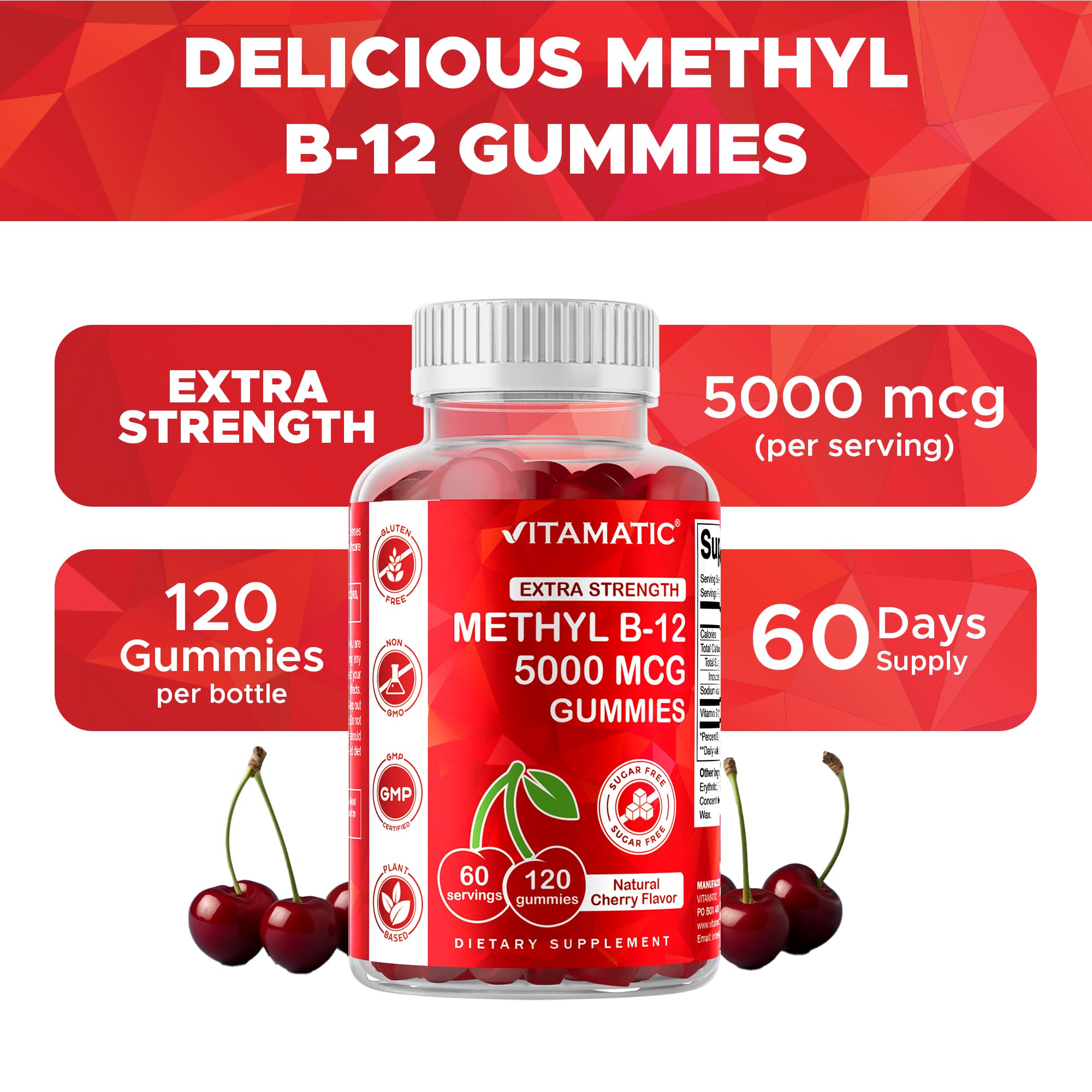Vitamatic 2 Packs Extra Strength Vitamin B12 5000 mcg (Methyl B12) Gummies - 120 Count - Energy Metabolism Support and Nervous System Health Support, Natural Cherry Flavored