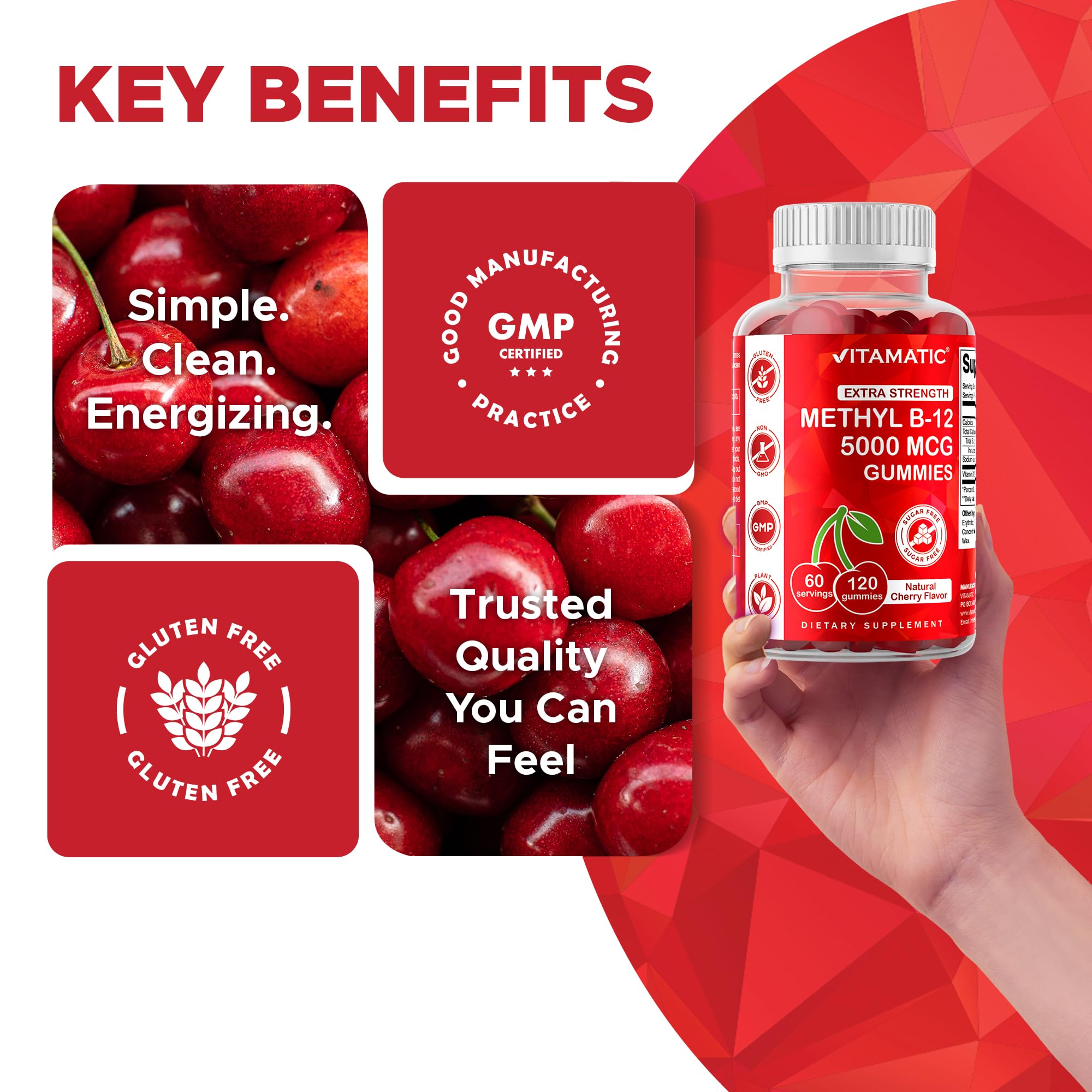 Vitamatic 2 Packs Extra Strength Vitamin B12 5000 mcg (Methyl B12) Gummies - 120 Count - Energy Metabolism Support and Nervous System Health Support, Natural Cherry Flavored