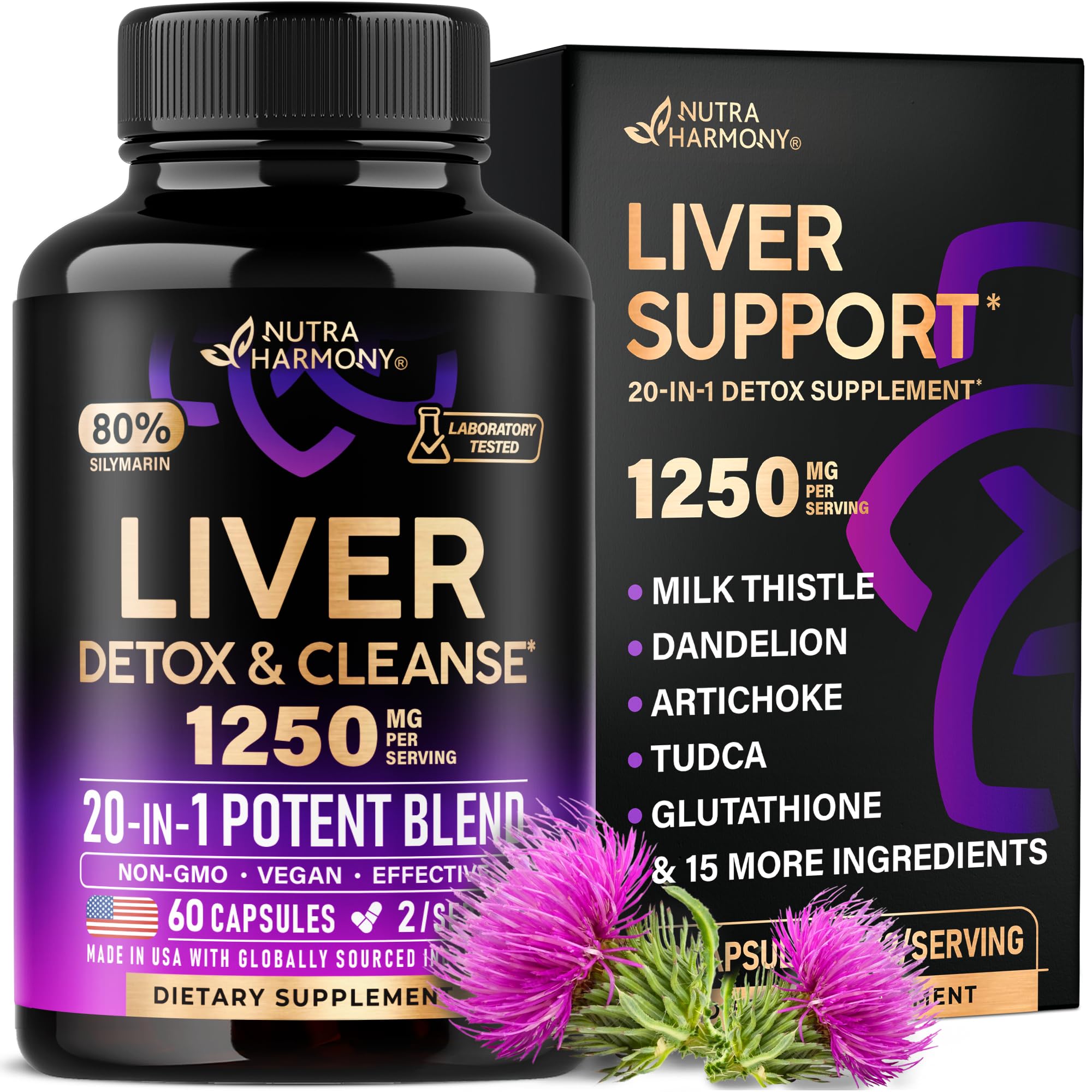 Liver Cleanse Detox & Repair - Milk Thistle | Dandelion | Artichoke | TUDCA | Glutathione & NAC - Effective Liver Health Supplement | 80% Silymarin - Laboratory Tested, Vegan - Made in USA 60 Capsules