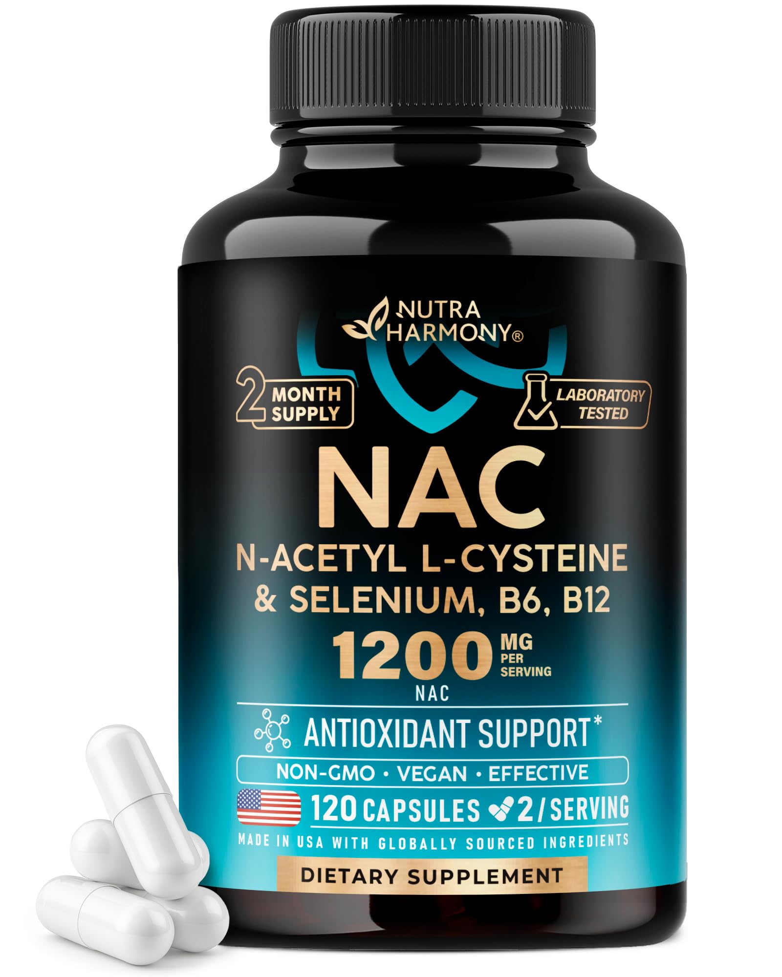 NAC Supplement | Selenium | B6 | B12 - Antioxidant, Immune Support - N Acetyl Cysteine 600 mg per Capsule, 1200 mg per Serving - Made in USA - Non-GMO, Gluten-Free, Vegan - 120 caps, 2 Month Supply