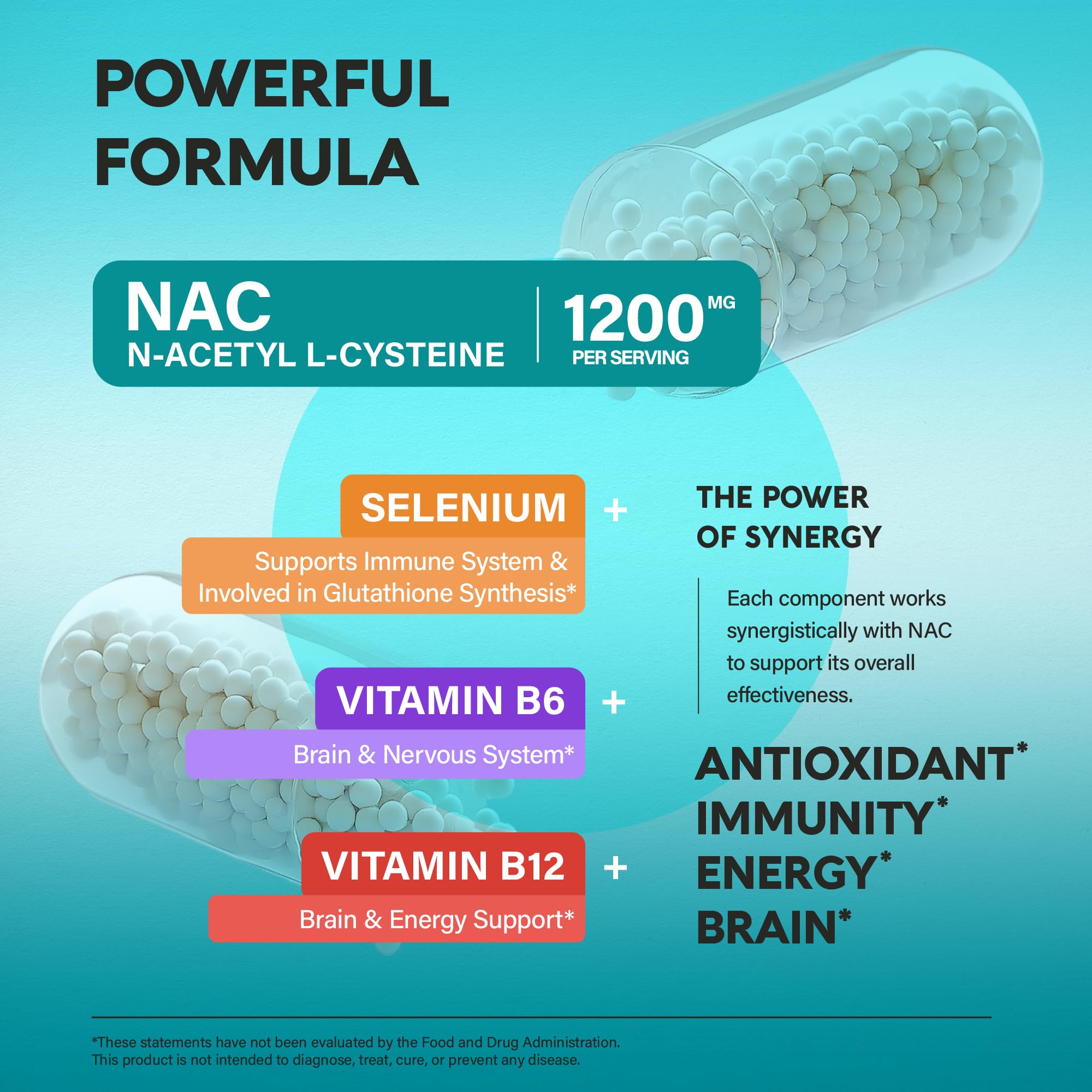 NAC Supplement | Selenium | B6 | B12 - Antioxidant, Immune Support - N Acetyl Cysteine 600 mg per Capsule, 1200 mg per Serving - Made in USA - Non-GMO, Gluten-Free, Vegan - 120 caps, 2 Month Supply