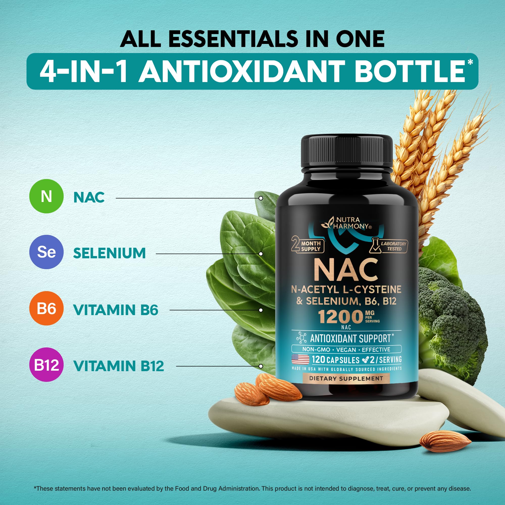 NAC Supplement | Selenium | B6 | B12 - Antioxidant, Immune Support - N Acetyl Cysteine 600 mg per Capsule, 1200 mg per Serving - Made in USA - Non-GMO, Gluten-Free, Vegan - 120 caps, 2 Month Supply