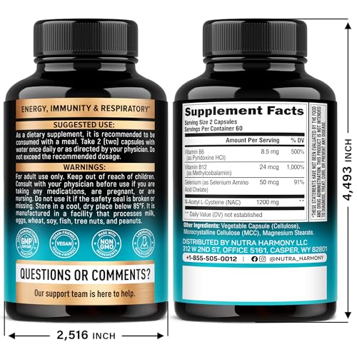 NAC Supplement | Selenium | B6 | B12 - Antioxidant, Immune Support - N Acetyl Cysteine 600 mg per Capsule, 1200 mg per Serving - Made in USA - Non-GMO, Gluten-Free, Vegan - 120 caps, 2 Month Supply