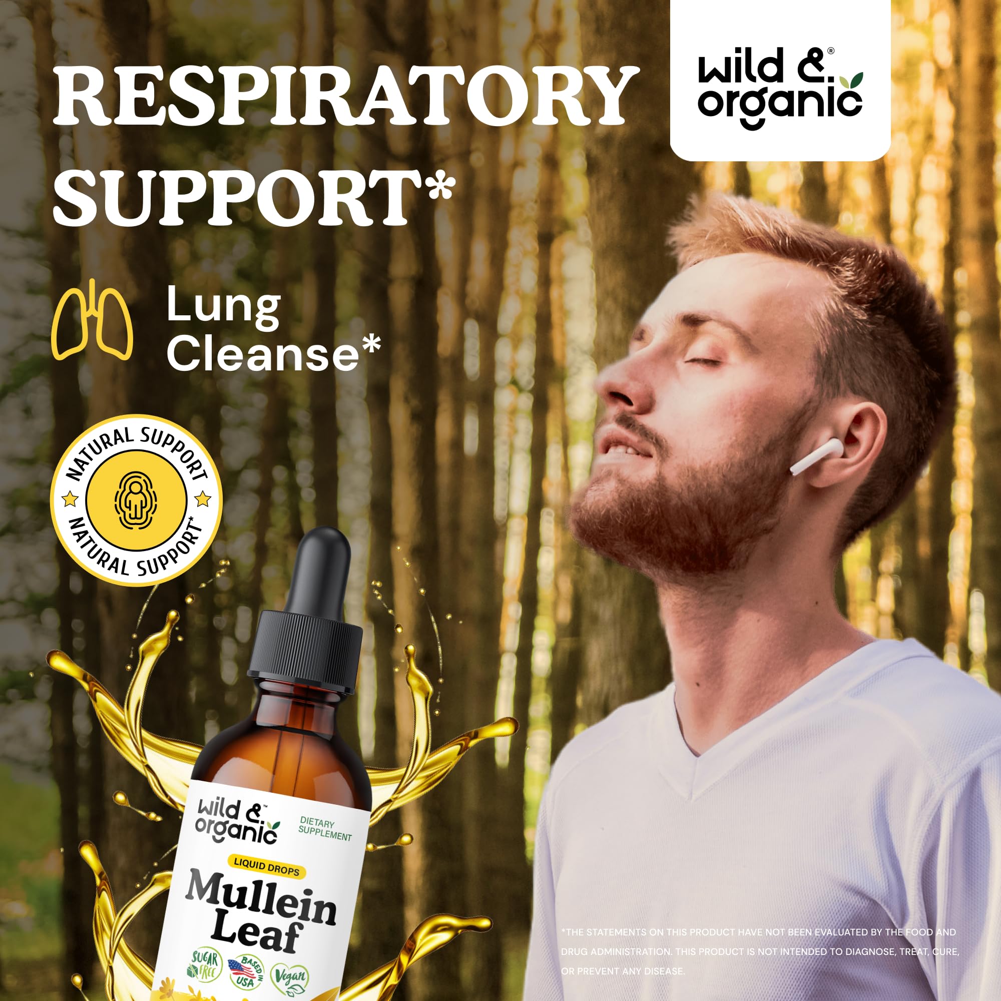 Wild & Organic Mullein Drops for Lungs - Herbal Detox and Cleanse - Mullein Leaf Extract for Lungs with Echinacea - Verbascum Thapsus Tincture - Vegan, Sugar & Alcohol-Free Liquid Supplement - 2 fl oz