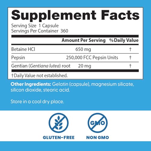 Doctor's Best Betaine HCI Pepsin & Gentian Bitters, Digestive Enzymes for Protein Breakdown & Absorption, Non-GMO, Gluten Free, 360 Count (Pack of 1)