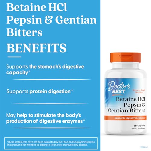 Doctor's Best Betaine HCI Pepsin & Gentian Bitters, Digestive Enzymes for Protein Breakdown & Absorption, Non-GMO, Gluten Free, 360 Count (Pack of 1)